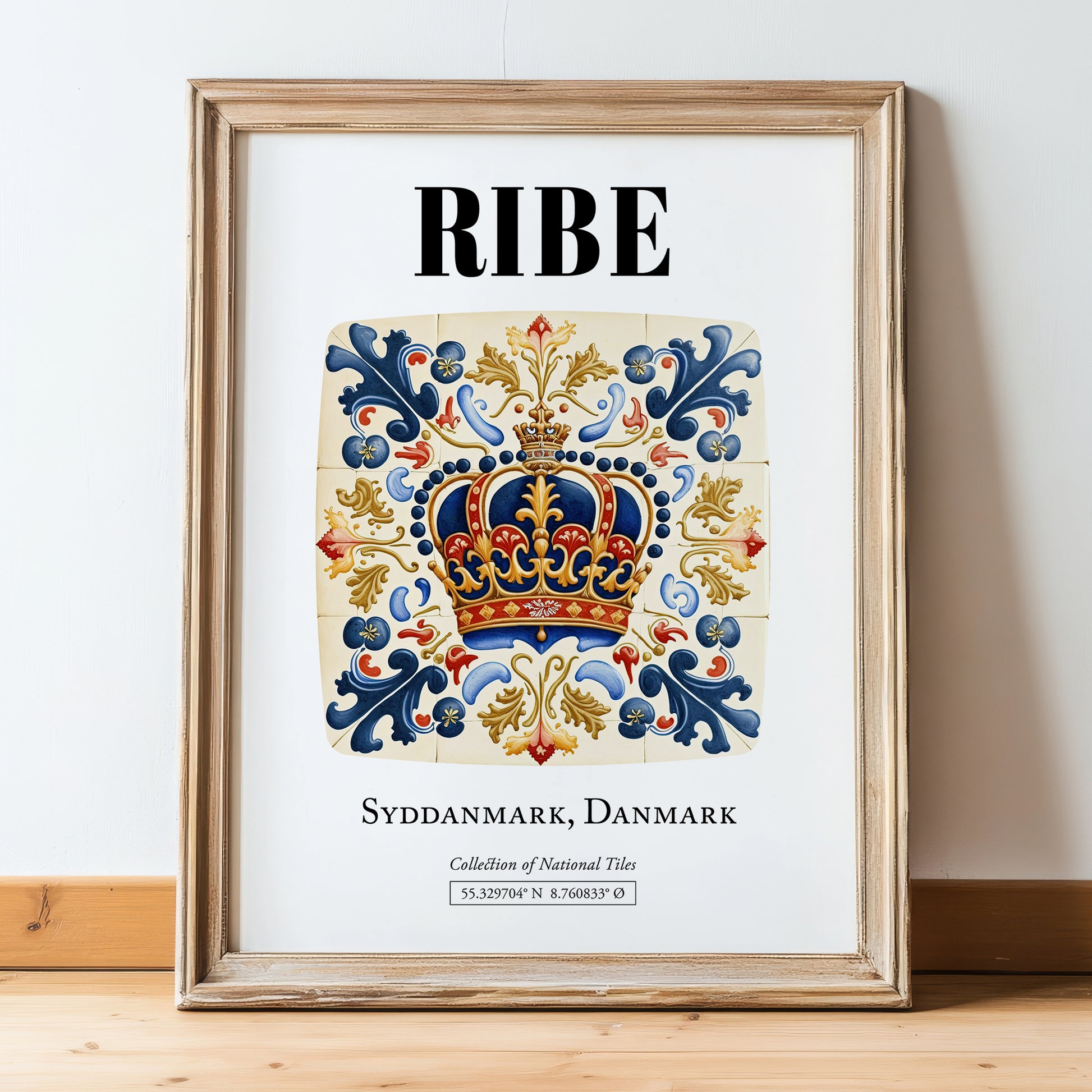 Ribe, Denmark – Travel Poster, in wooden frame leaning on the floor