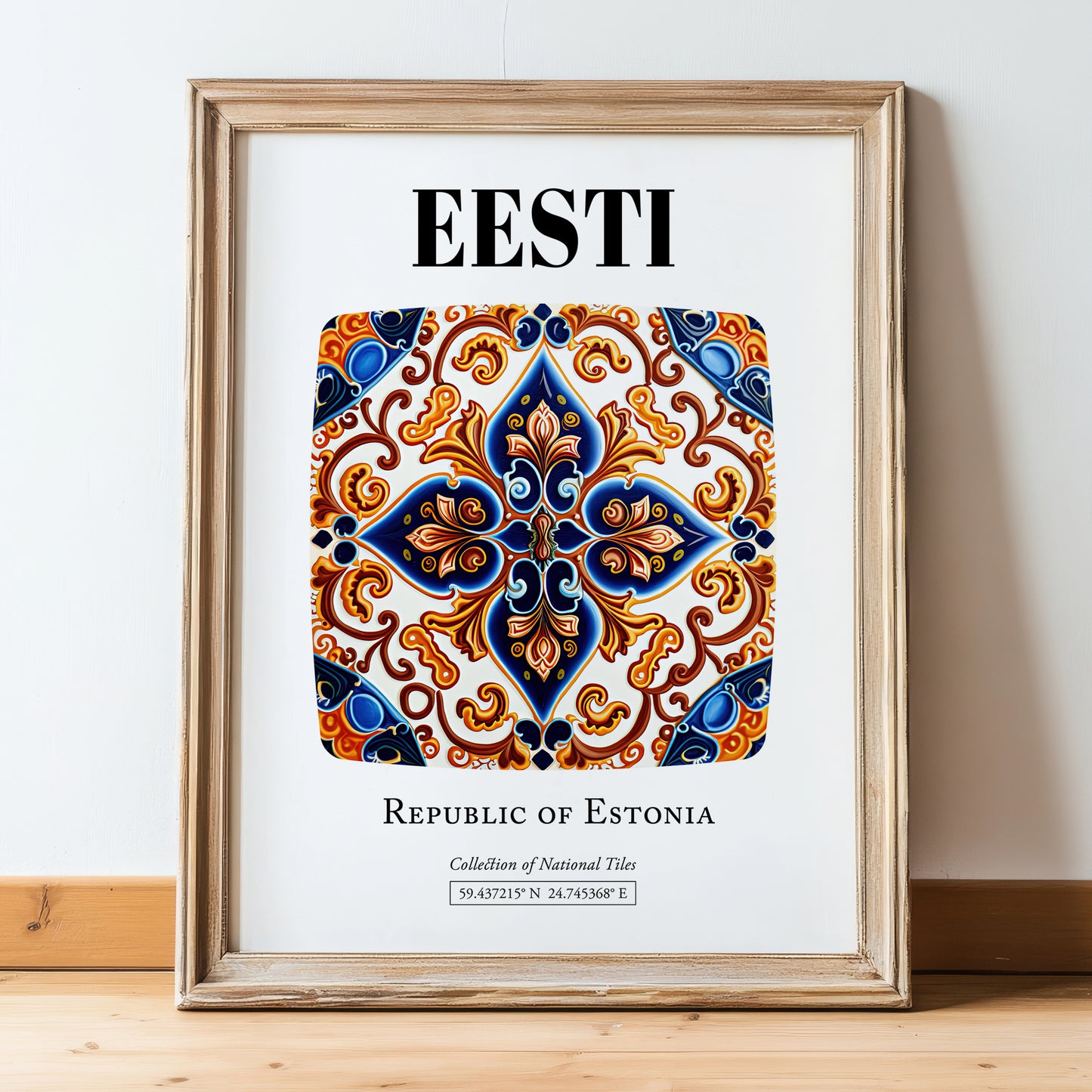 Eesti, Estonia – Travel Print, in wooden frame leaning on the floor