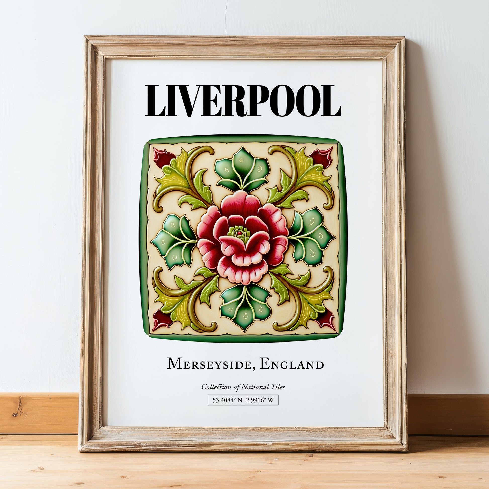 Liverpool, England – Travel Wall Art, in wooden frame leaning on the floor