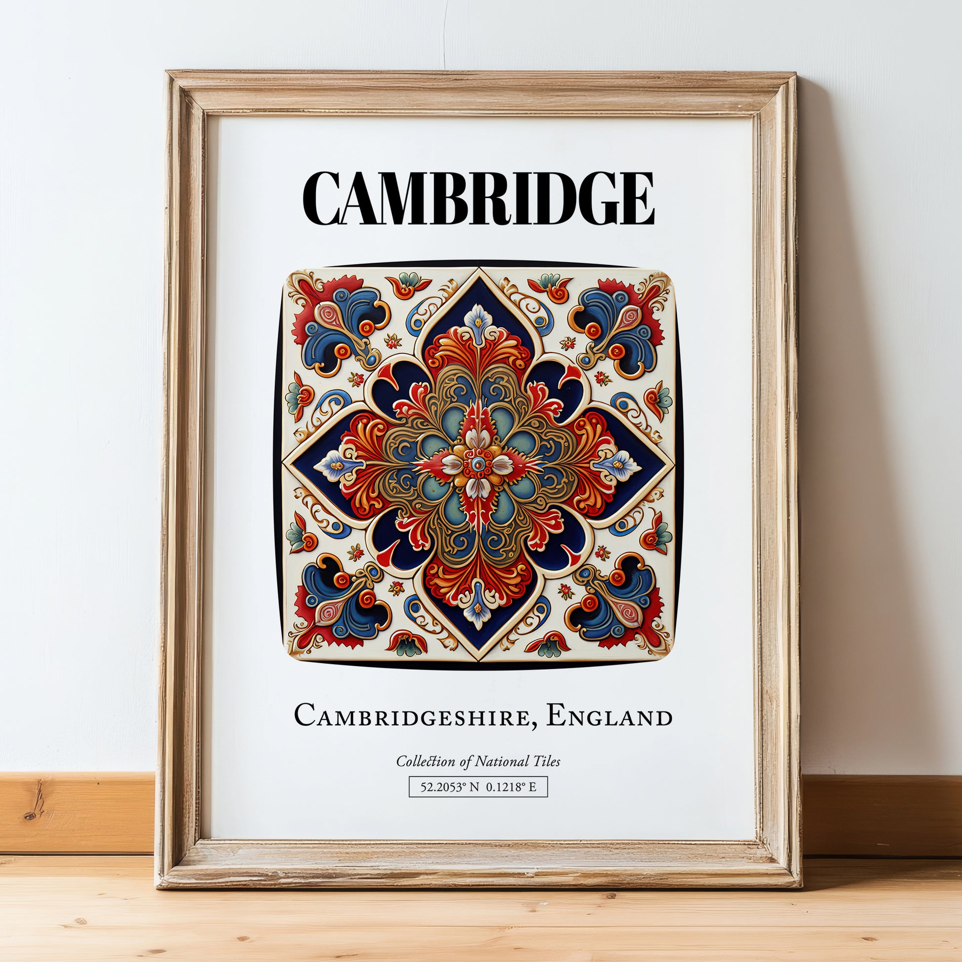 Cambridge, England – Travel Poster, in wooden frame leaning on the floor