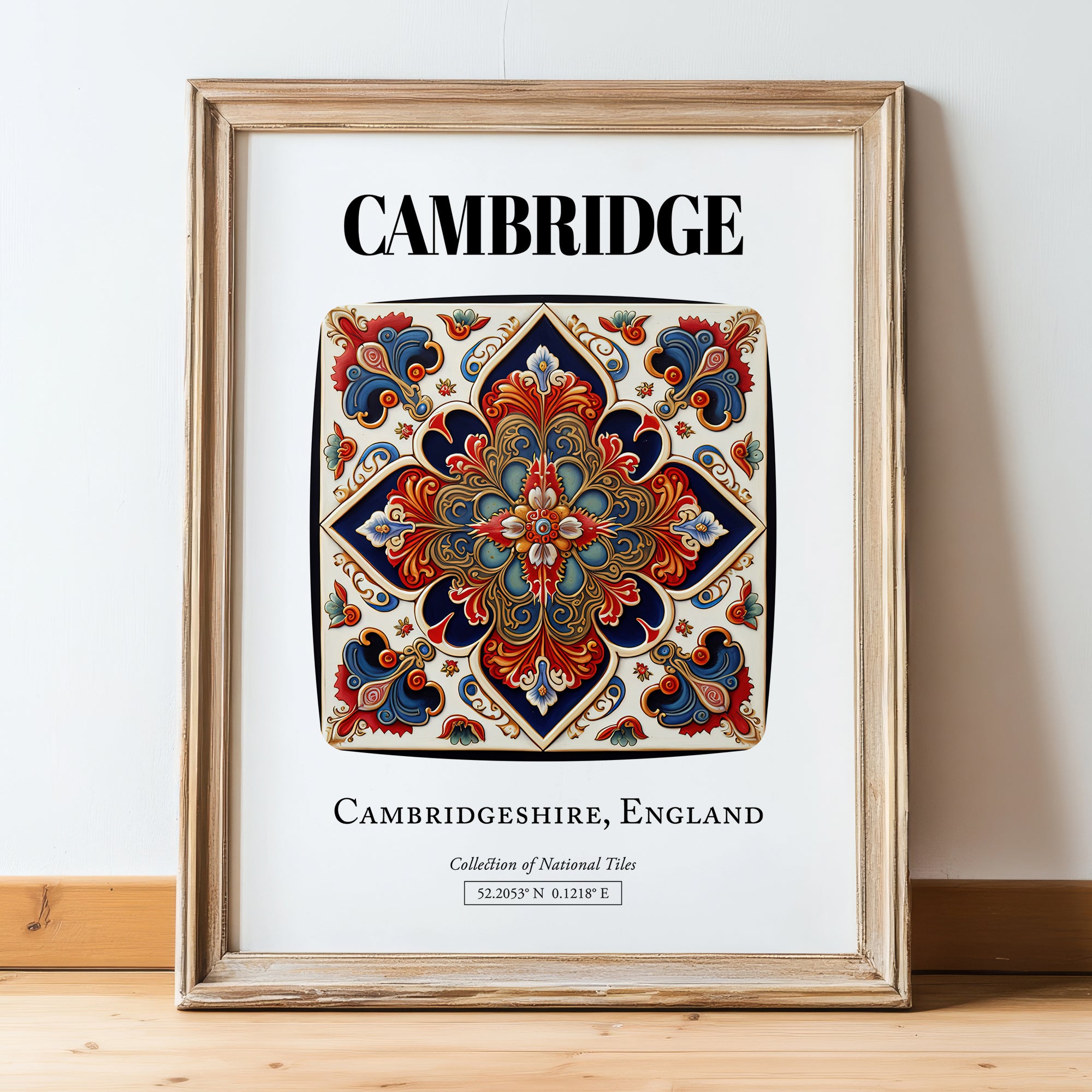 Cambridge, England – Travel Poster, in wooden frame leaning on the floor