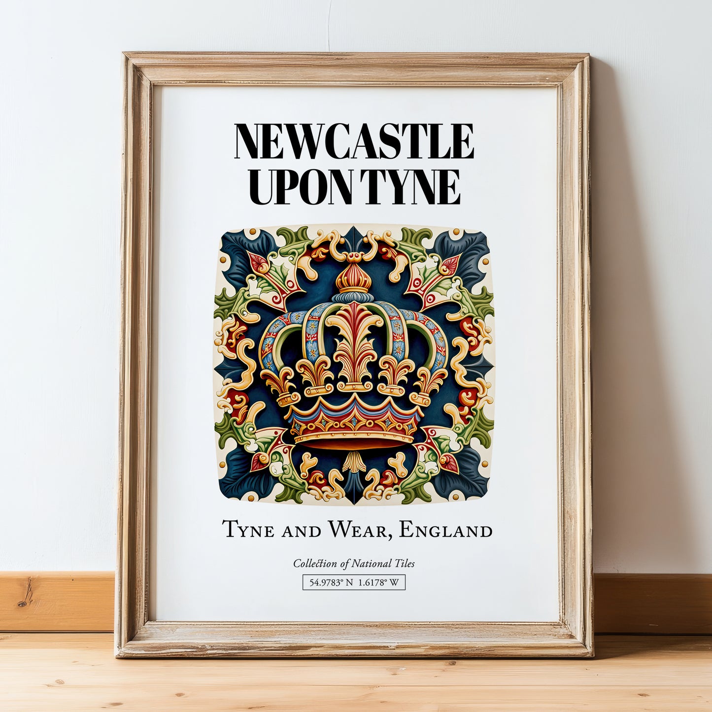 Newcastle Upon Tyne, England – Travel Print, in wooden frame leaning on the floor