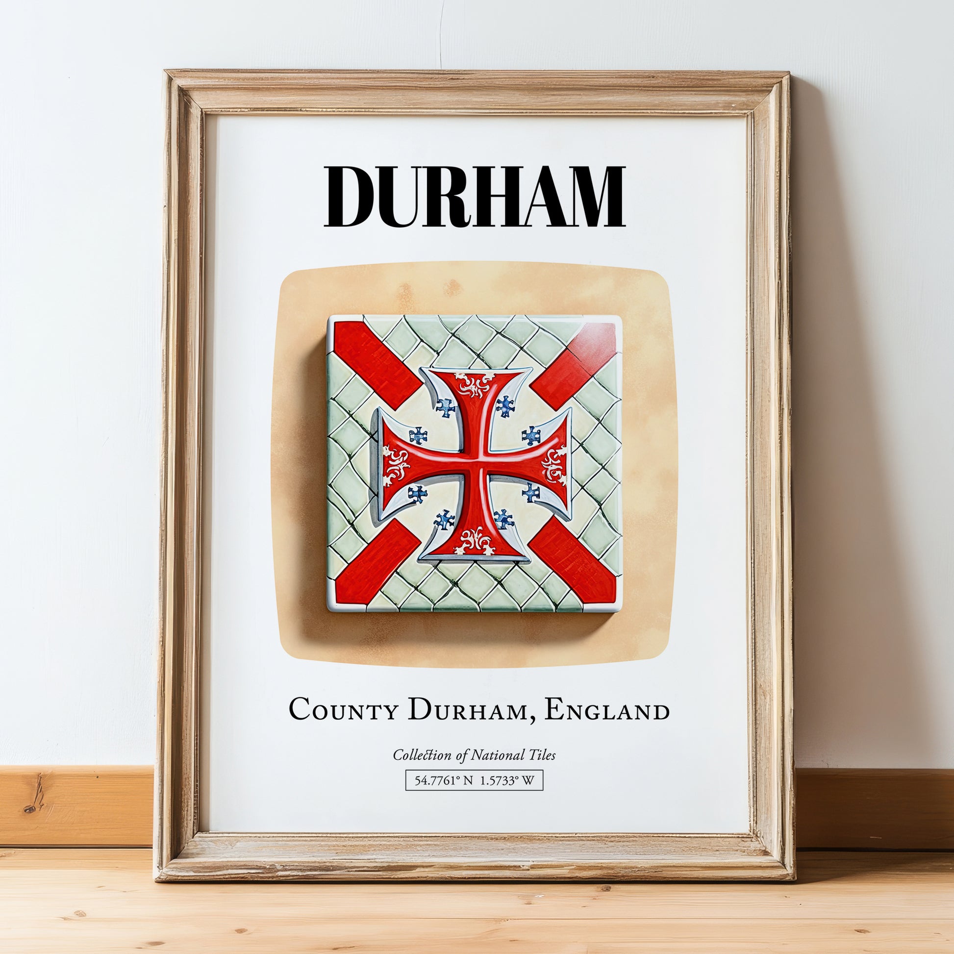 Durham, England – Travel Poster, in wooden frame leaning on the floor