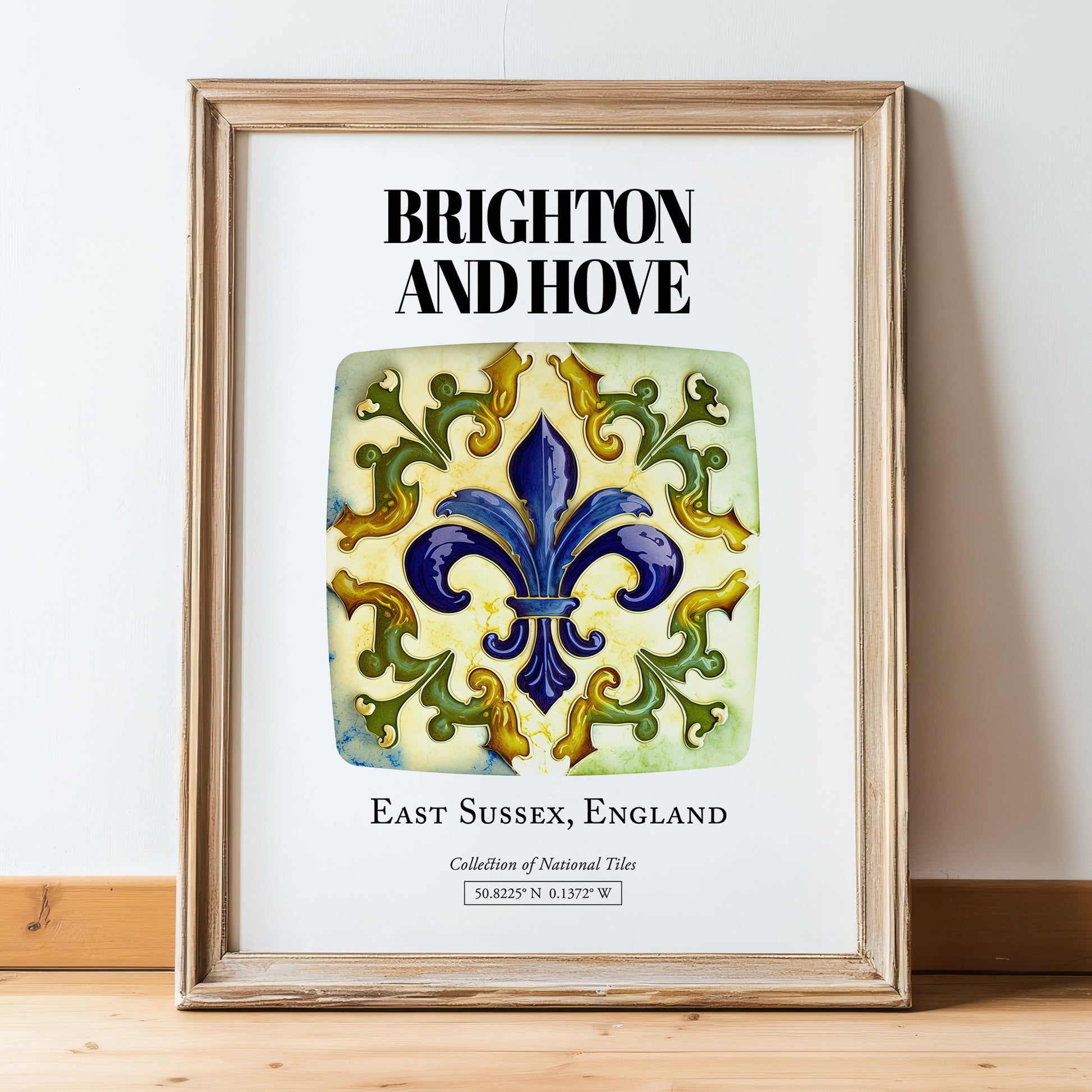 Brighton And Hove, England – Travel Poster, in wooden frame leaning on the floor