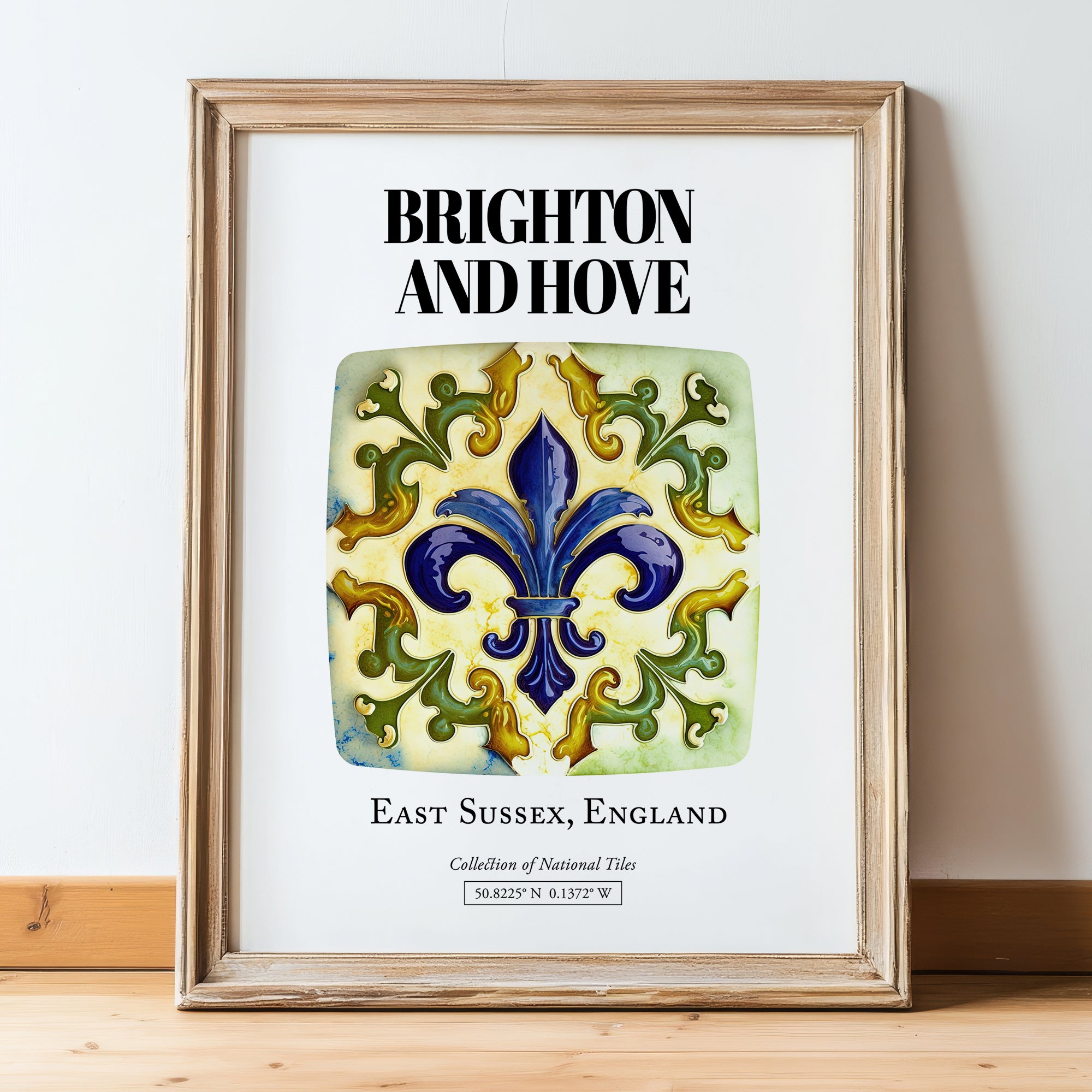Brighton And Hove, England – Travel Poster, in wooden frame leaning on the floor