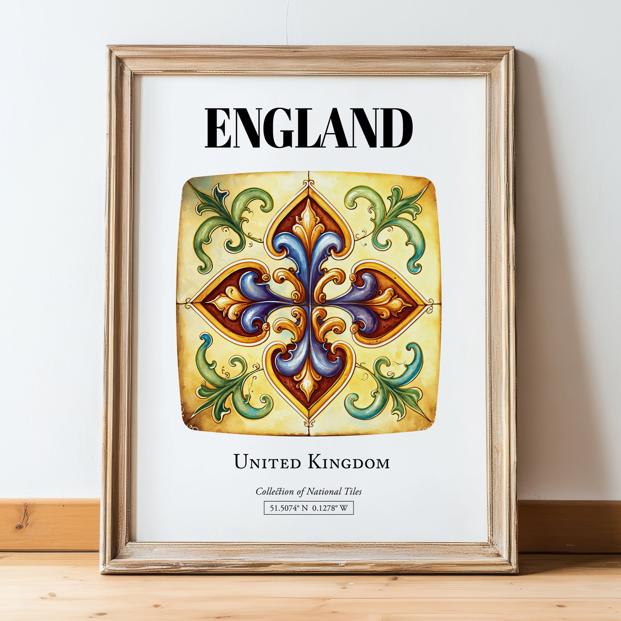 England, The United Kingdom – Tourist Destination Poster, in wooden frame leaning on the floor