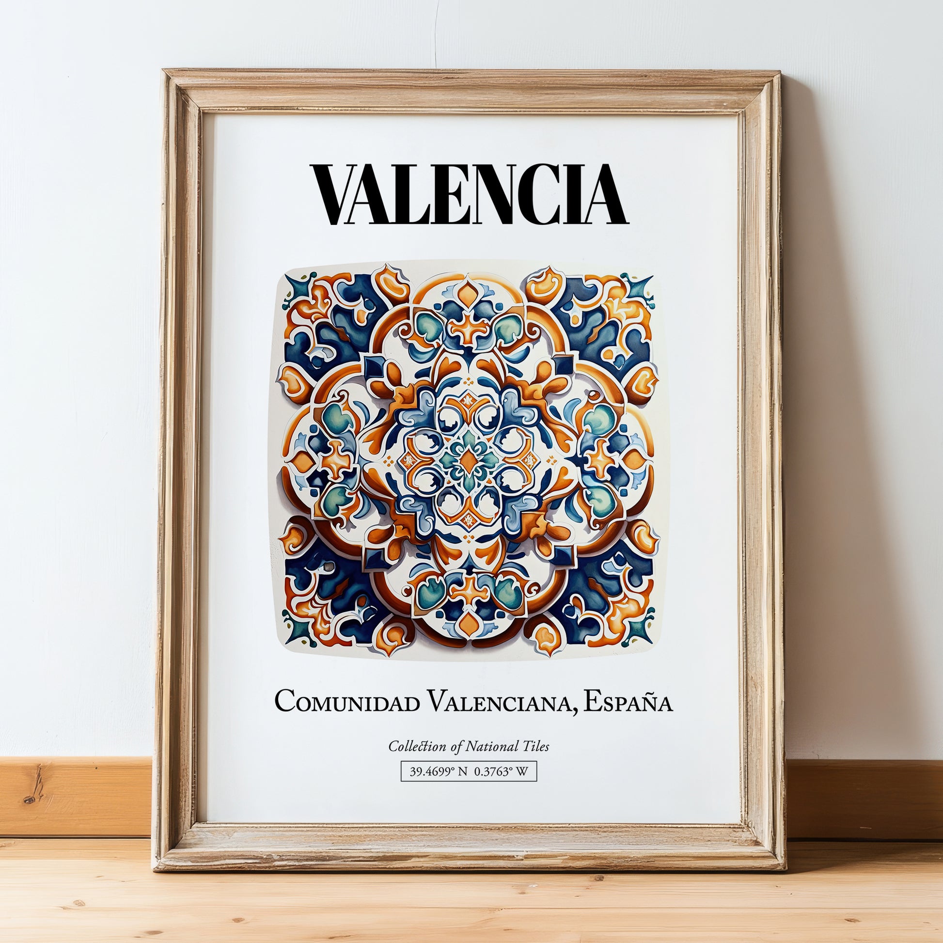 Valencia, Spain – Cityscape Wall Art, in wooden frame leaning on the floor