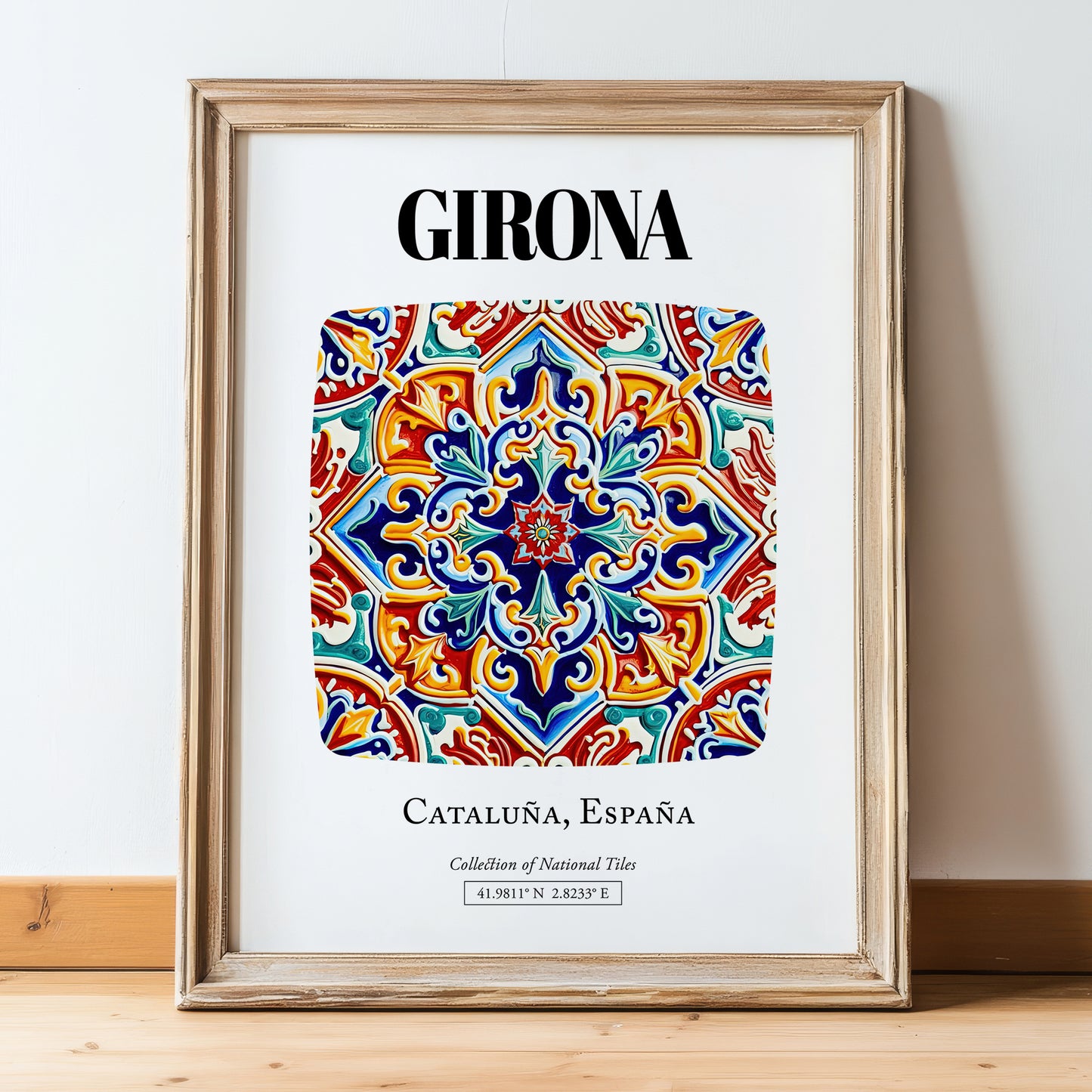 Girona, Spain – Travel Poster, in wooden frame leaning on the floor