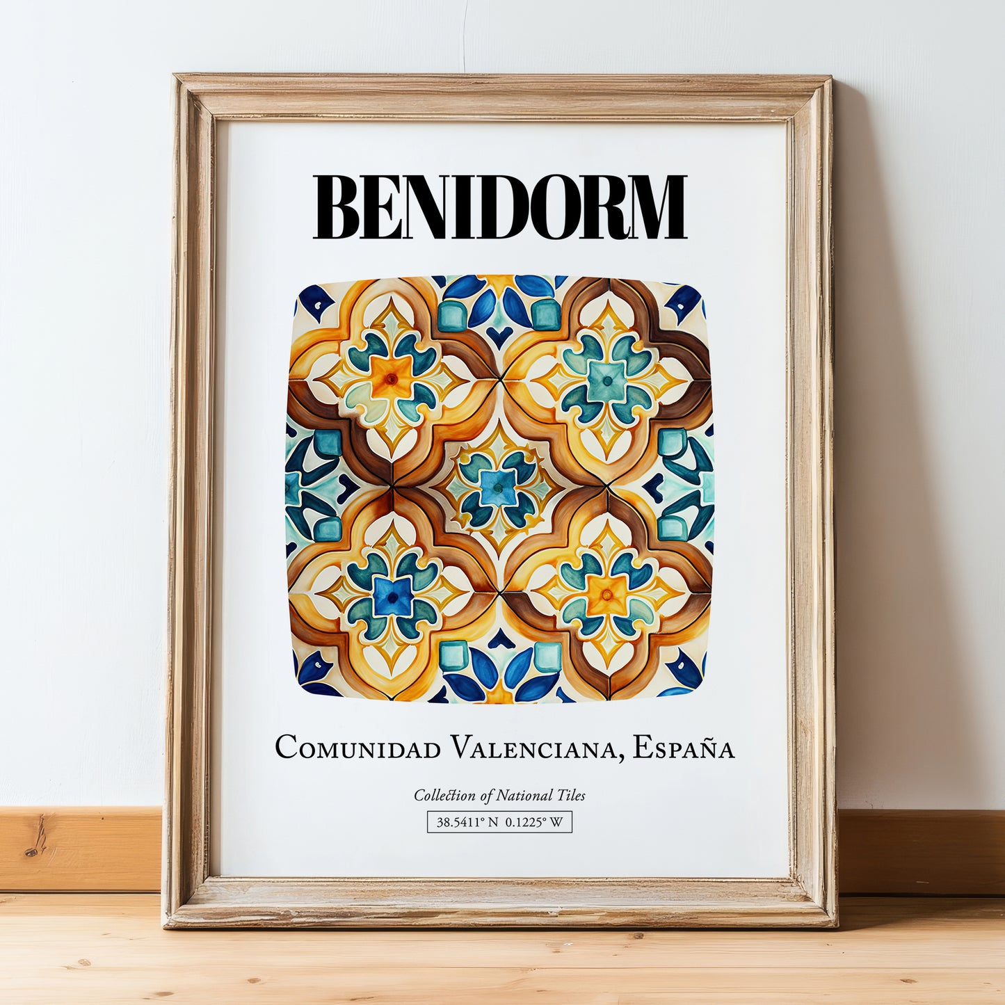 Benidorm, Spain – Retro Travel Poster, in wooden frame leaning on the floor