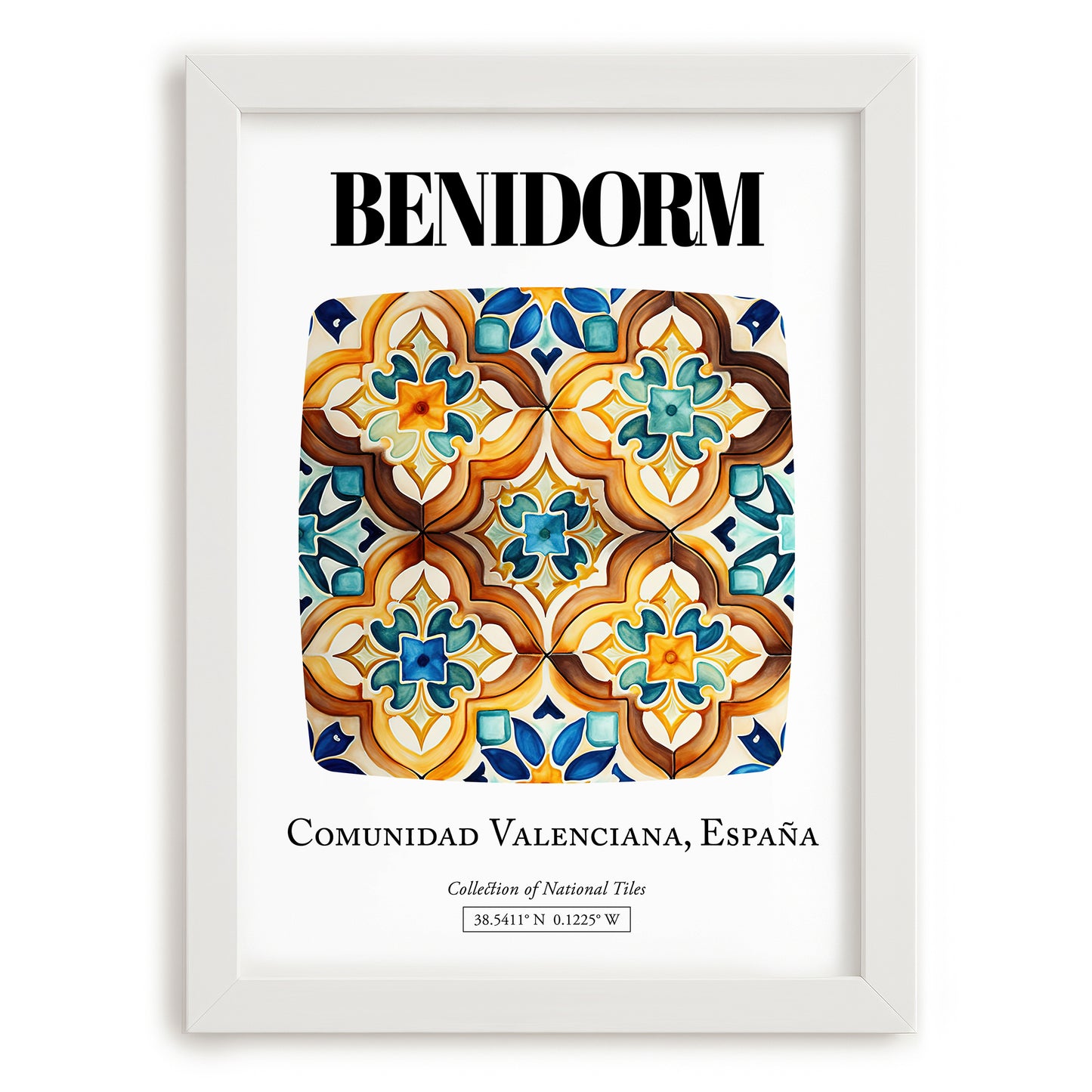 Benidorm, Spain – Retro Travel Poster, placed in minimal white frame