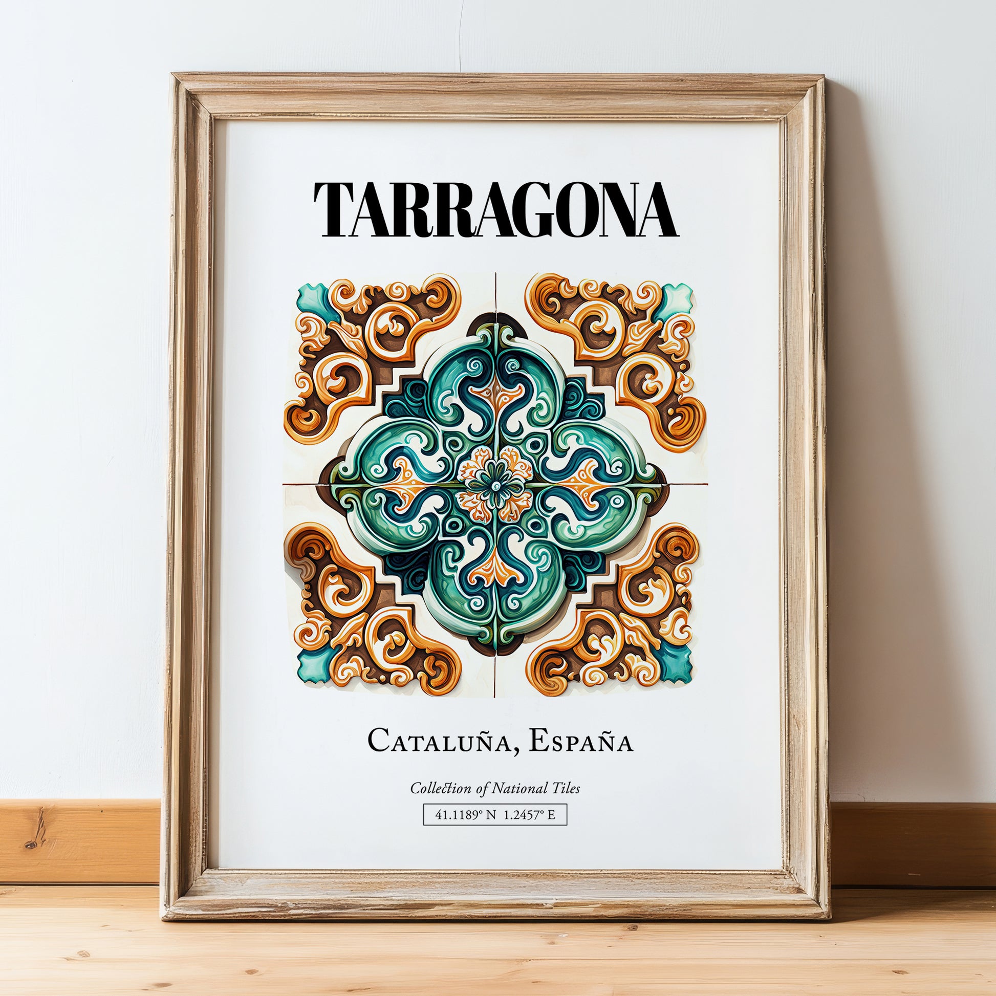 Tarragona, Spain – World Heritage Travel Poster, in wooden frame leaning on the floor