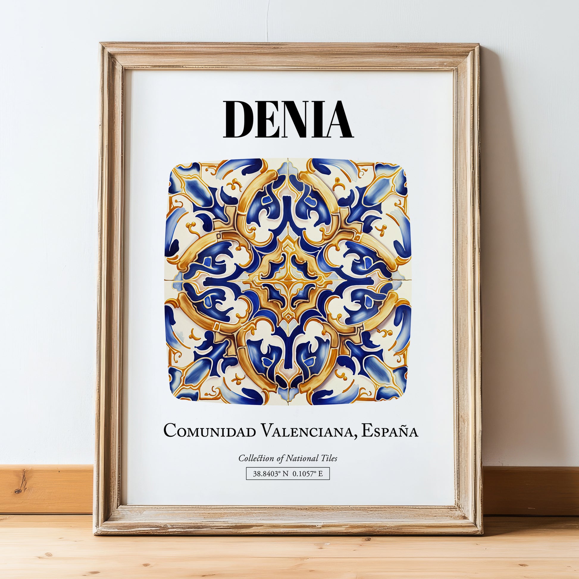 Denia, Spain – Travel Poster, in wooden frame leaning on the floor