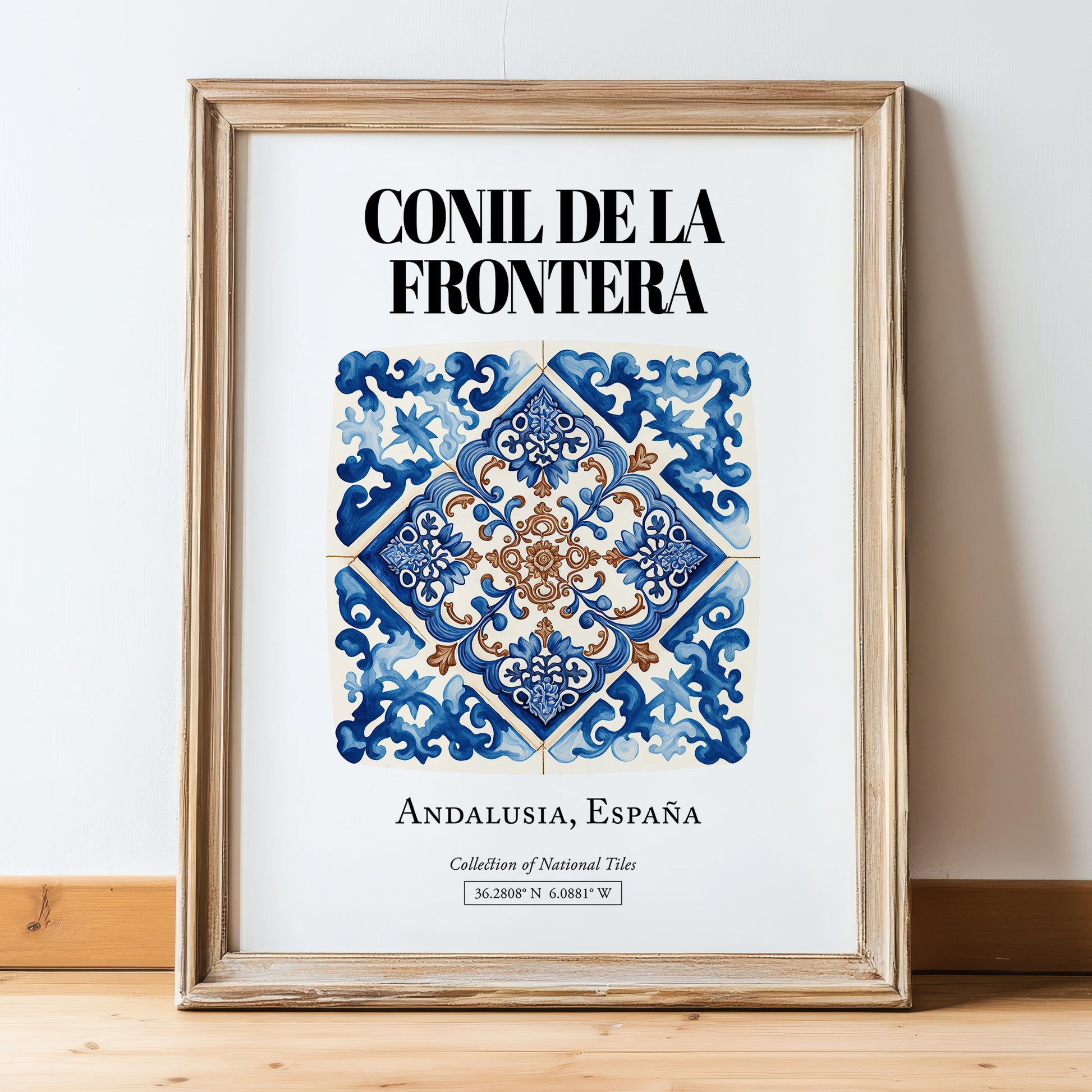 Conil De La Frontera, Spain – Travel Destination Art, in wooden frame leaning on the floor