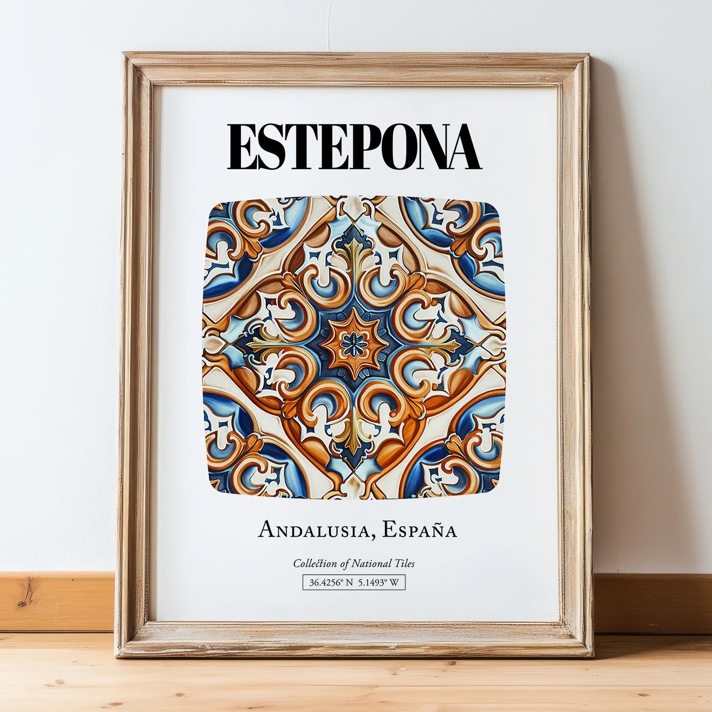 Estepona, Spain – Travel Poster, in wooden frame leaning on the floor