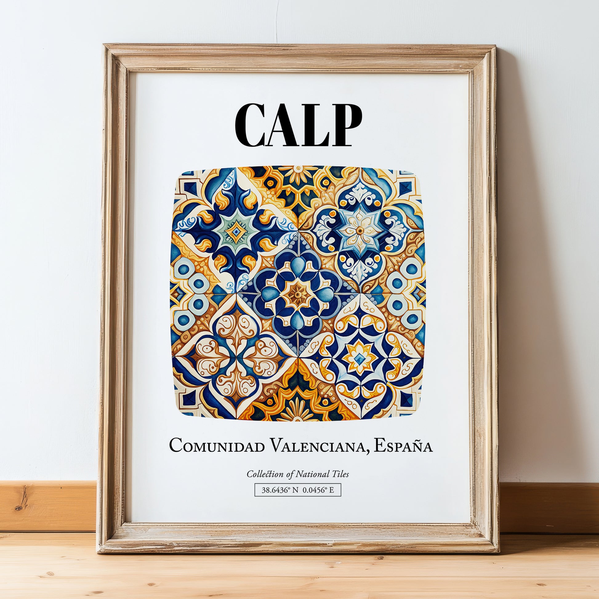 Calp, Spain – Travel Print, in wooden frame leaning on the floor