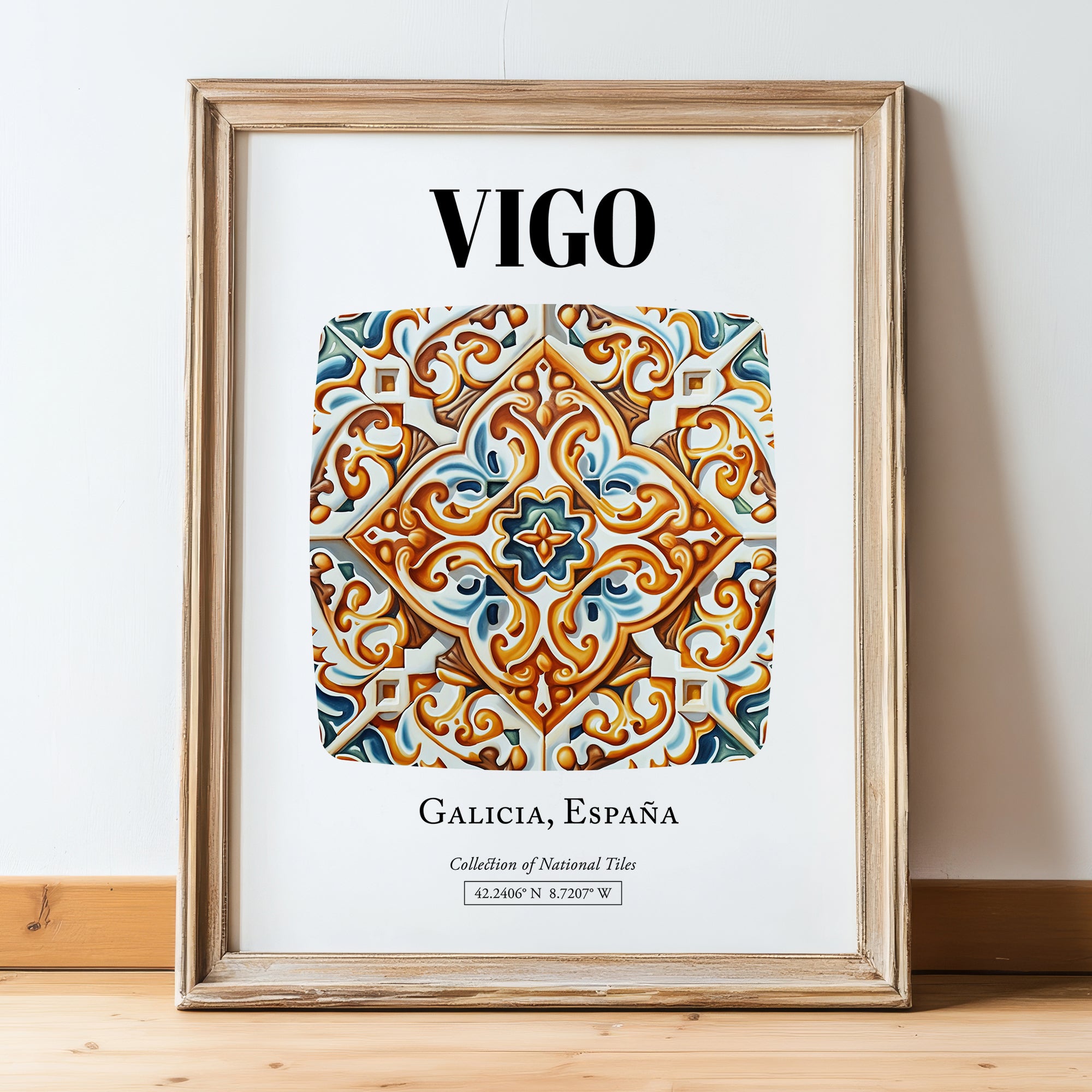 Vigo, Spain – Travel Print, in wooden frame leaning on the floor