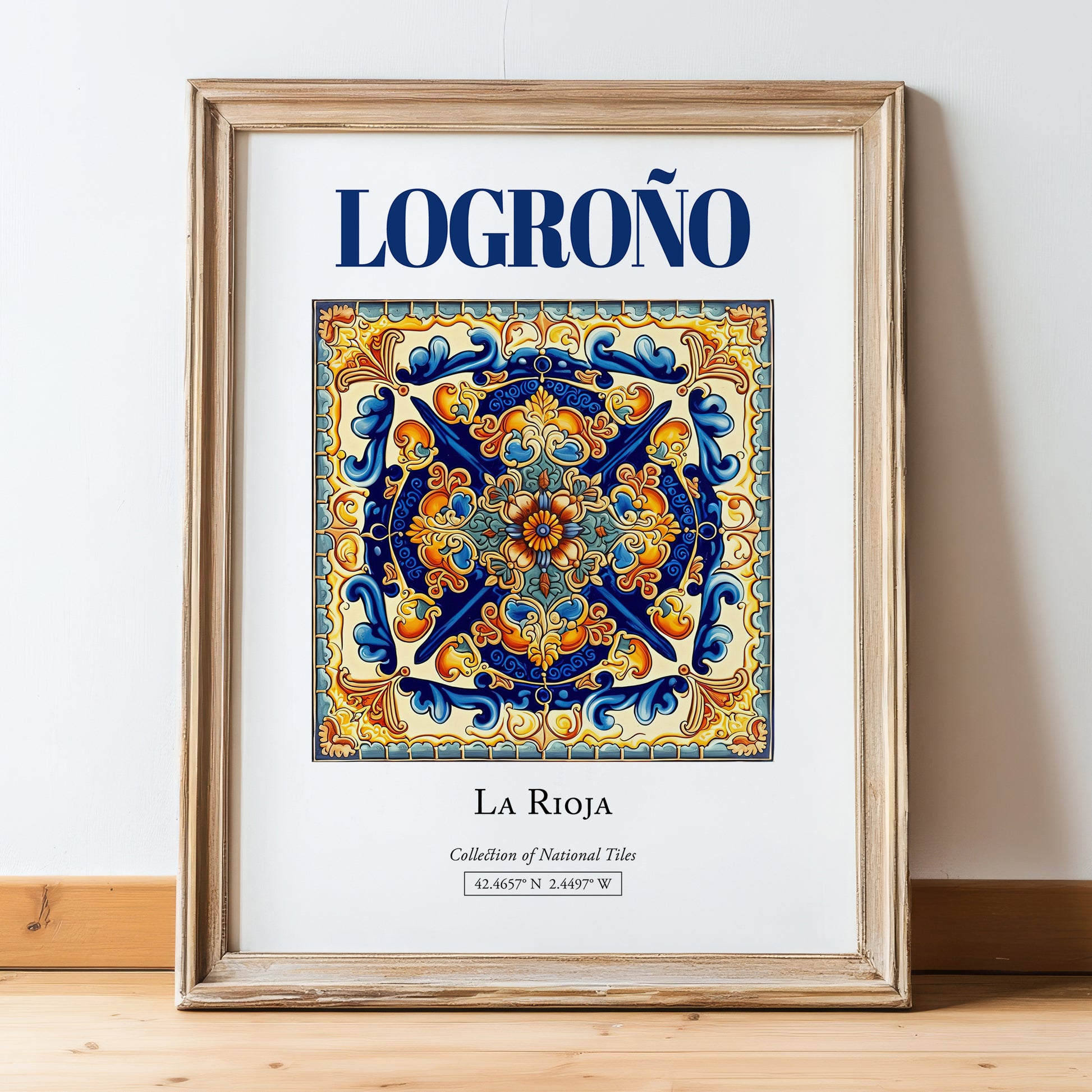 Logroño, Spain – Travel Print, in wooden frame leaning on the floor