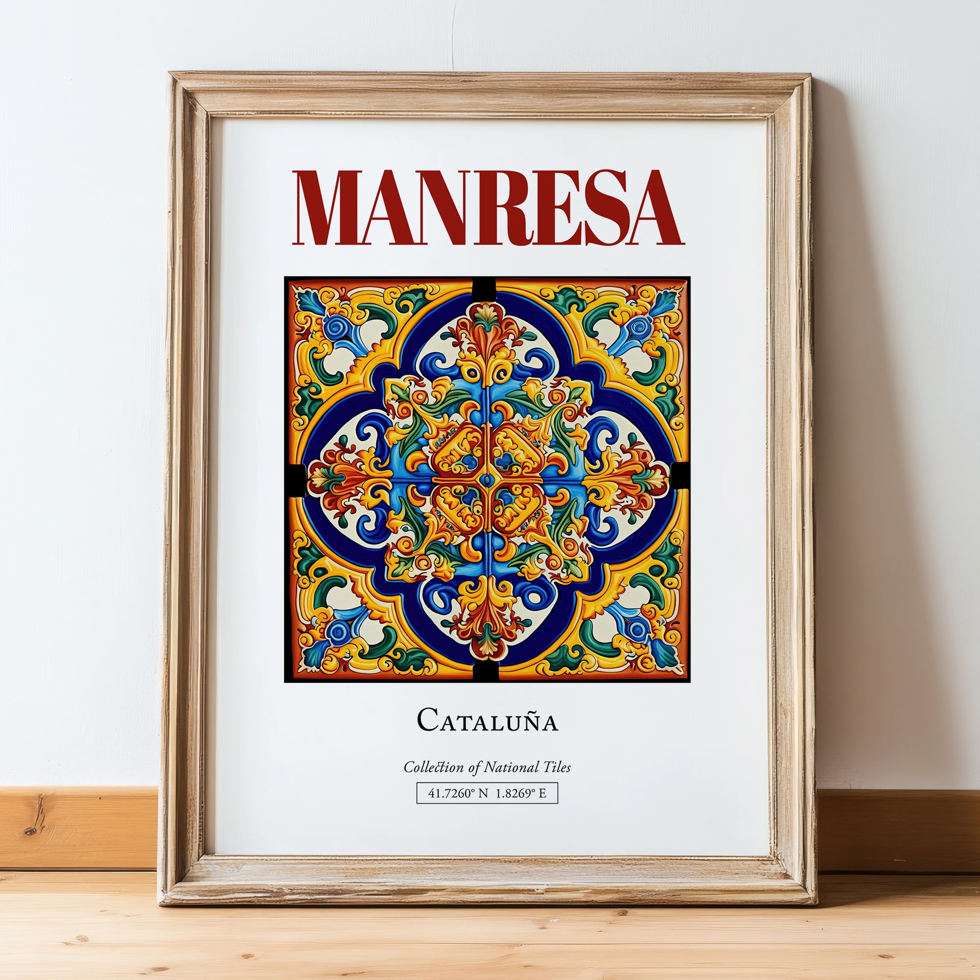Manresa, Spain – Architectural Travel Art, in wooden frame leaning on the floor