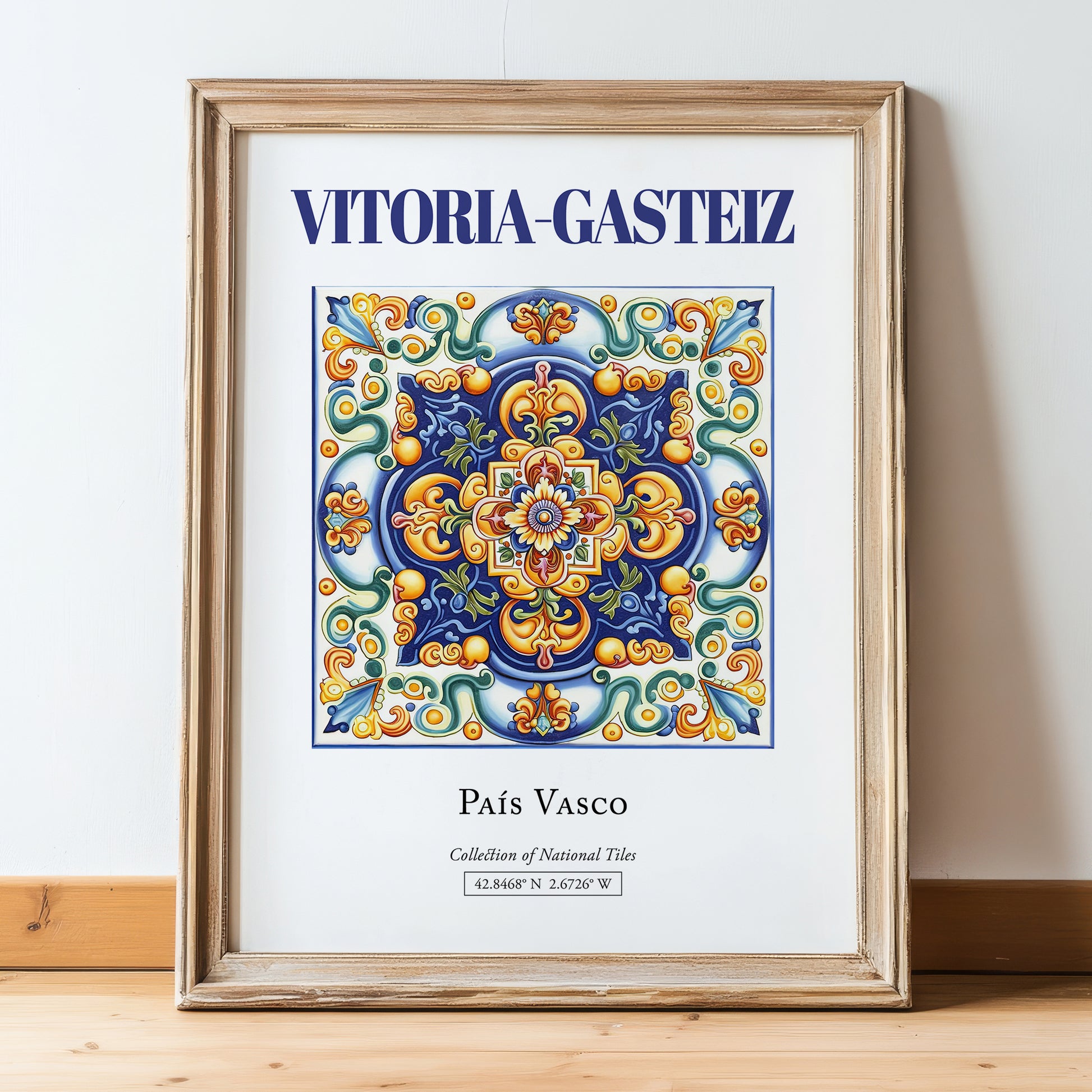 Vitoria-Gasteiz, Spain – Travel Print, in wooden frame leaning on the floor
