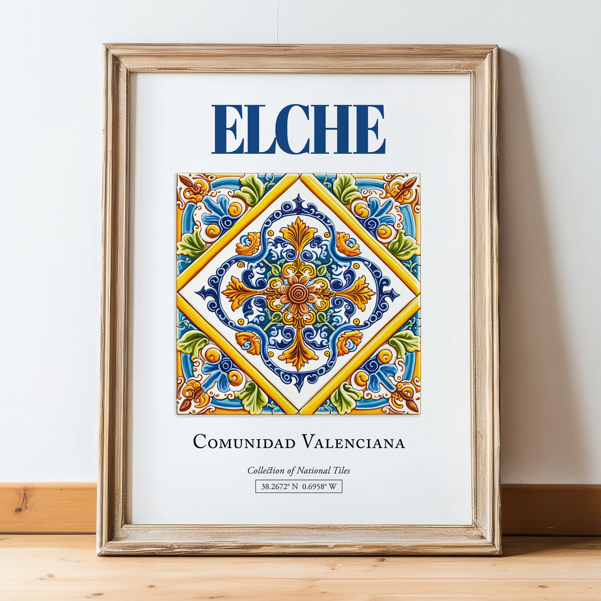 Elche, Spain – Travel Wall Art, in wooden frame leaning on the floor