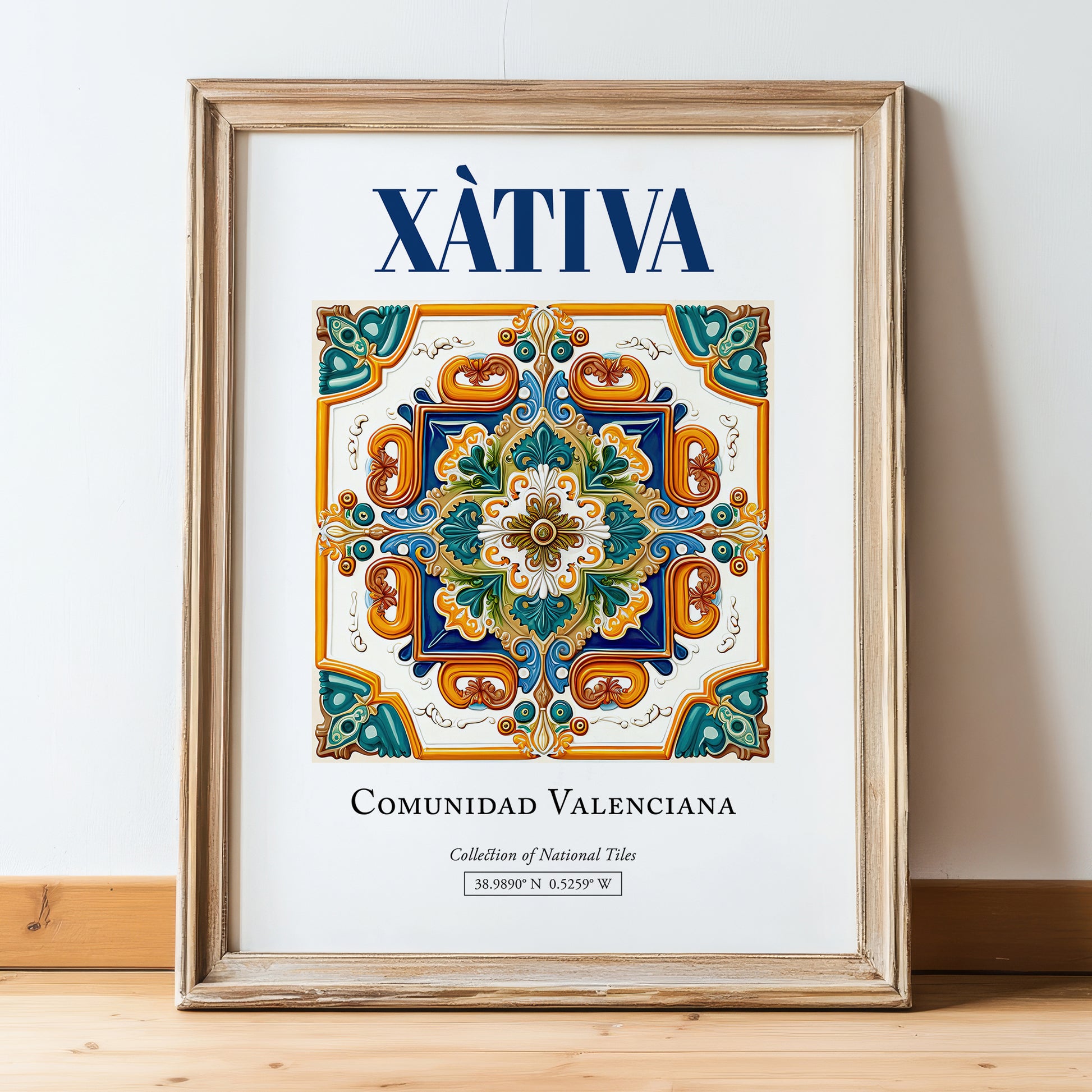 Xàtiva, Spain – Travel Print, in wooden frame leaning on the floor