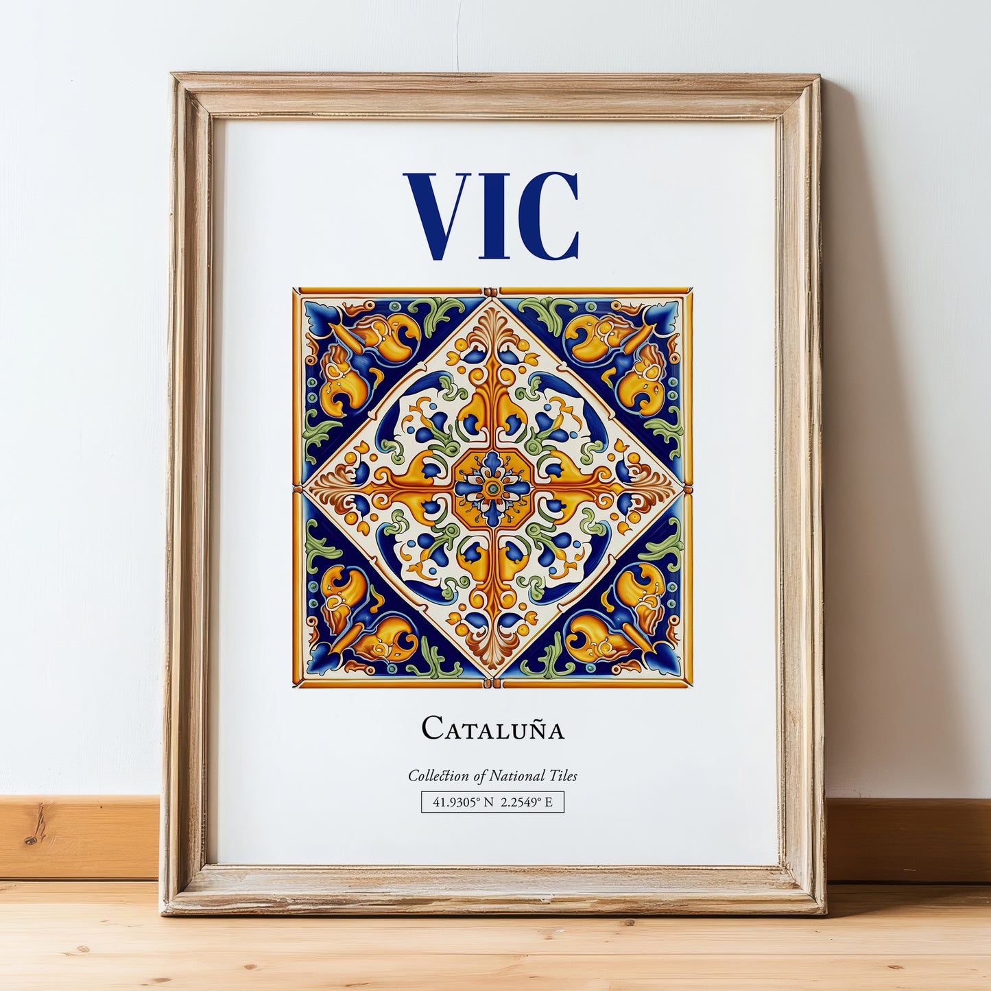 Vic, Spain – Travel Print, in wooden frame leaning on the floor