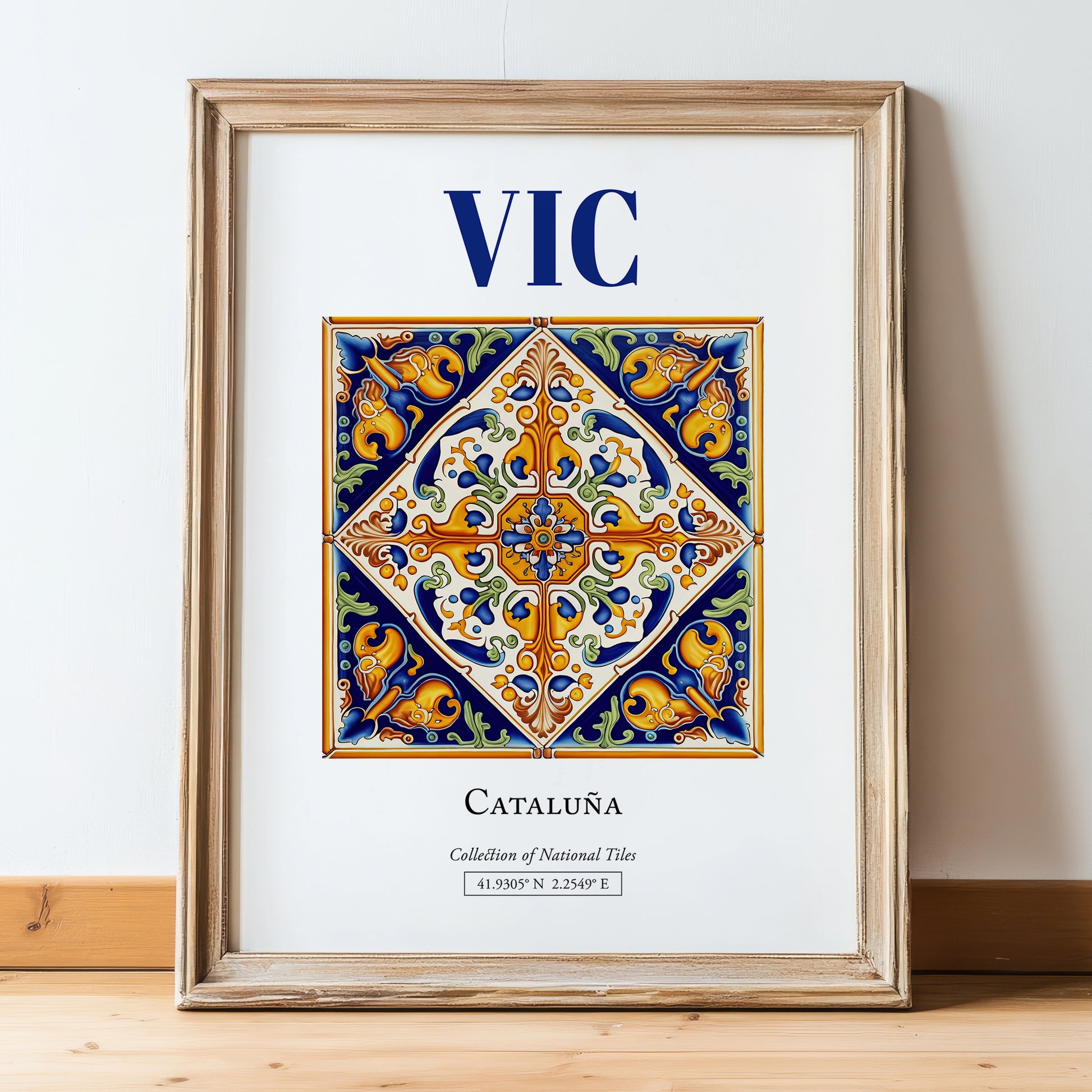 Vic, Spain – Travel Print, in wooden frame leaning on the floor