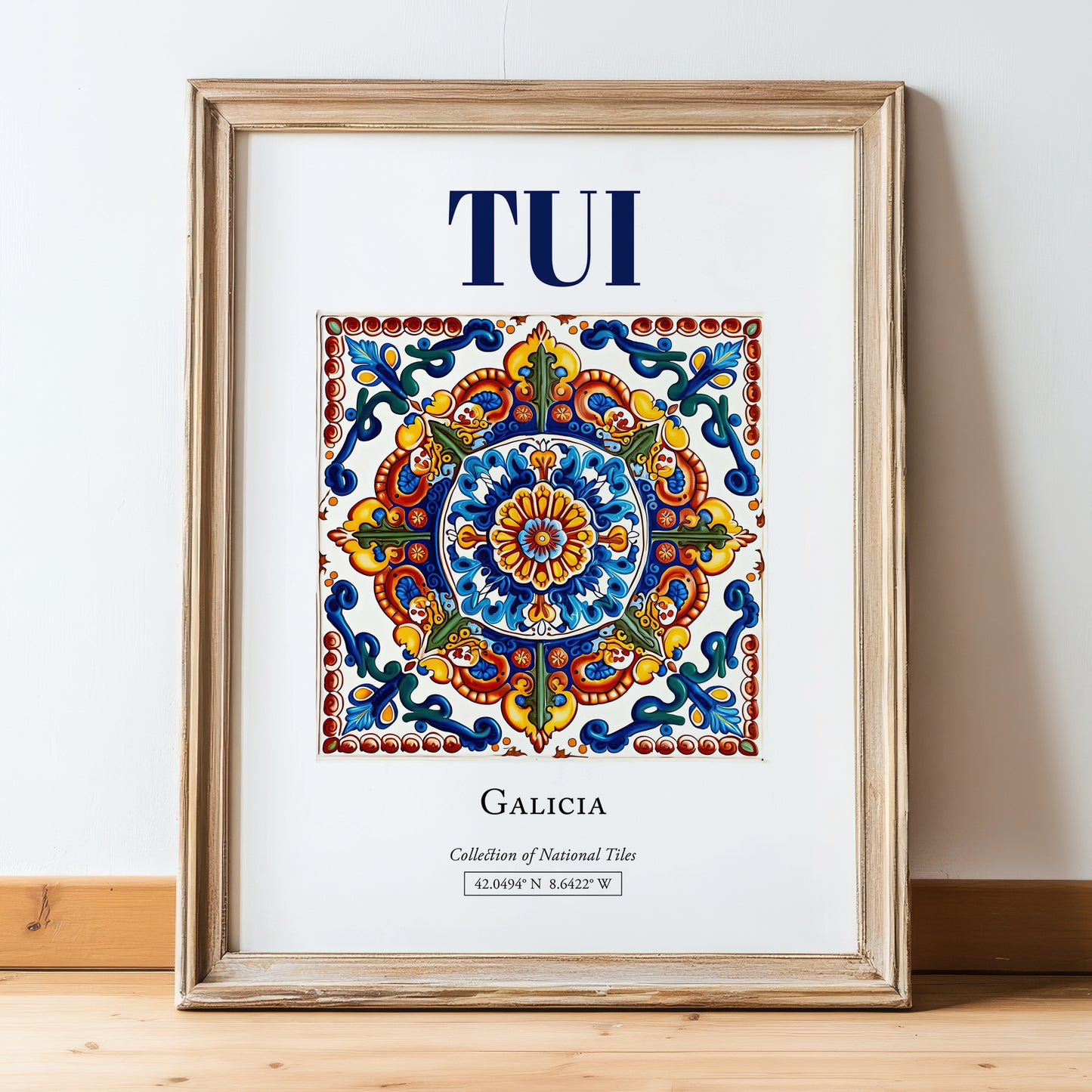 Tui, Spain – Historic Cities Art Print, in wooden frame leaning on the floor