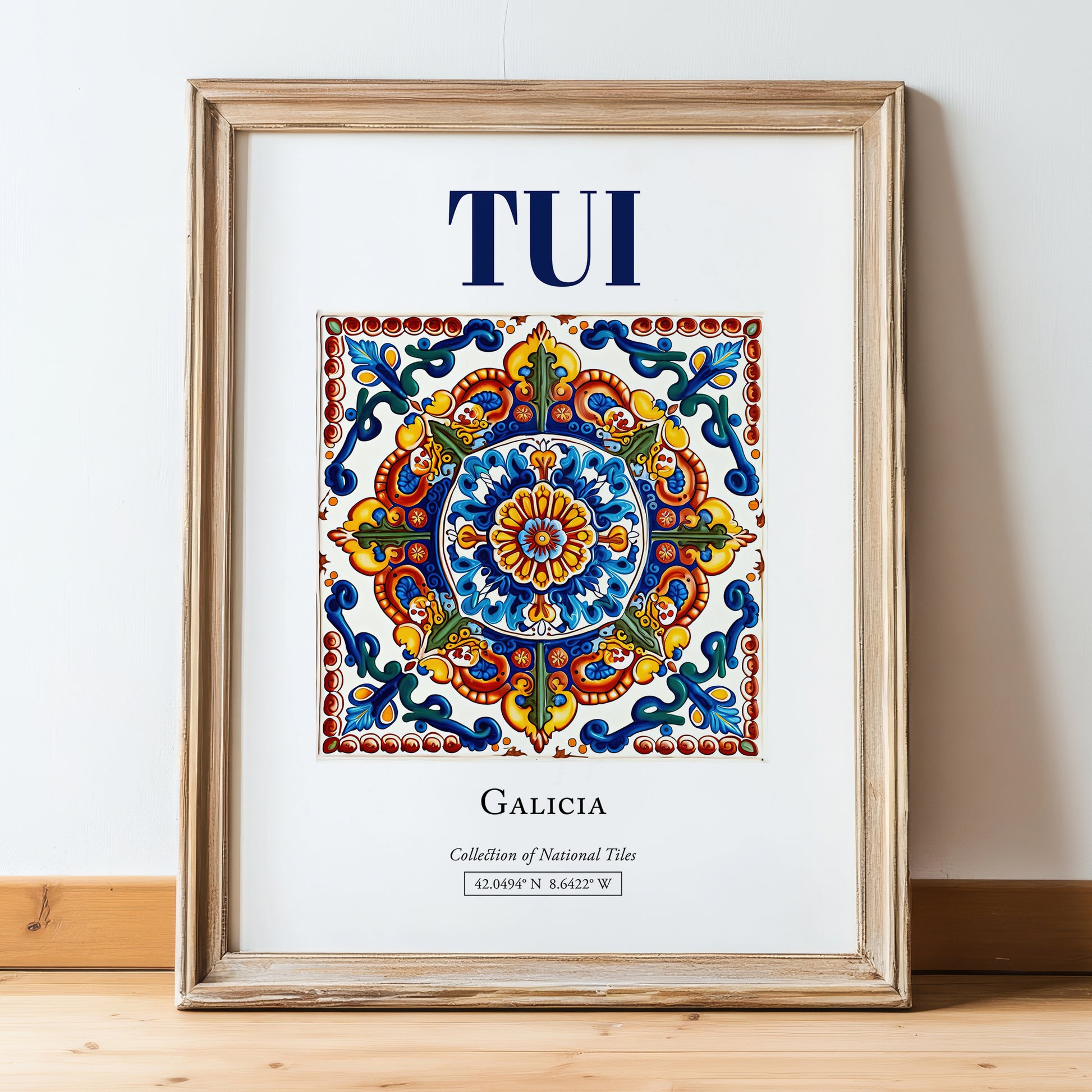 Tui, Spain – Historic Cities Art Print, in wooden frame leaning on the floor
