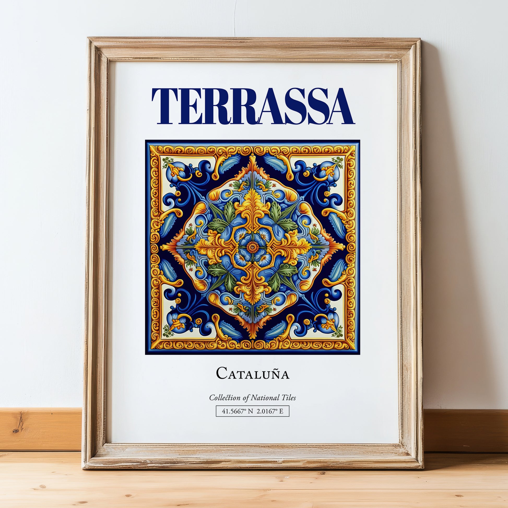 Terrassa, Spain – Wanderlust-Inspired Poster, in wooden frame leaning on the floor