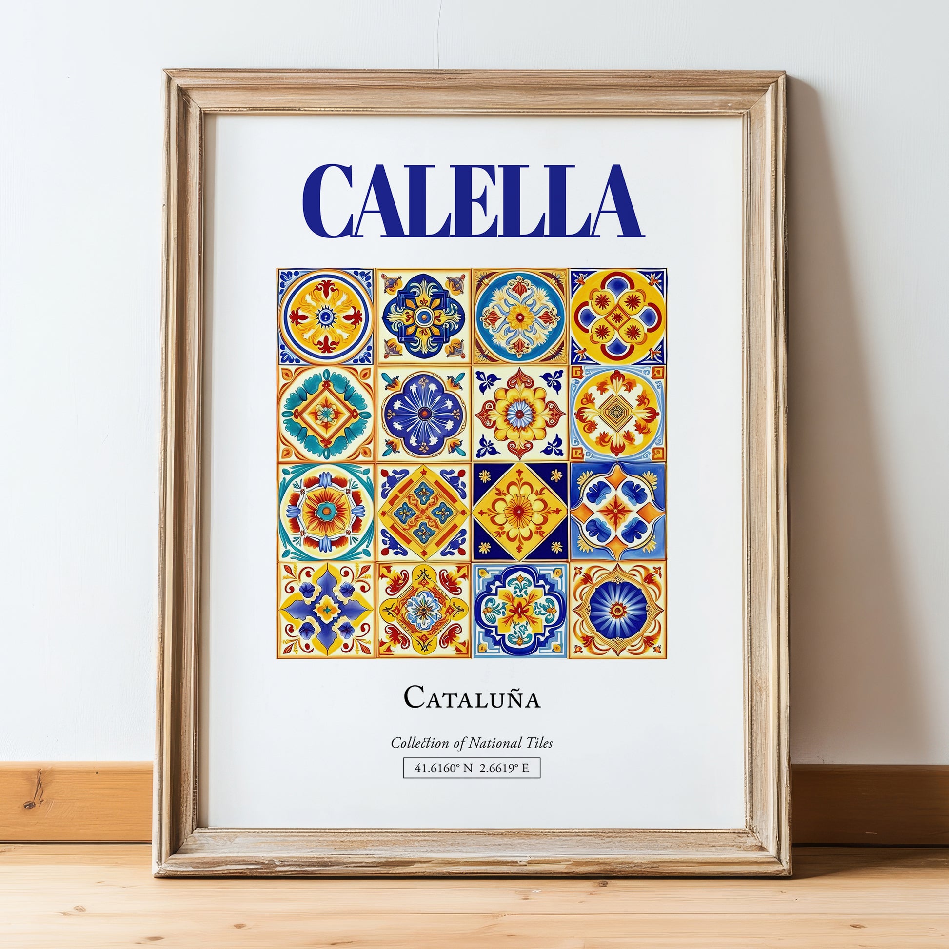Calella, Spain – Illustrated Travel Poster, in wooden frame leaning on the floor