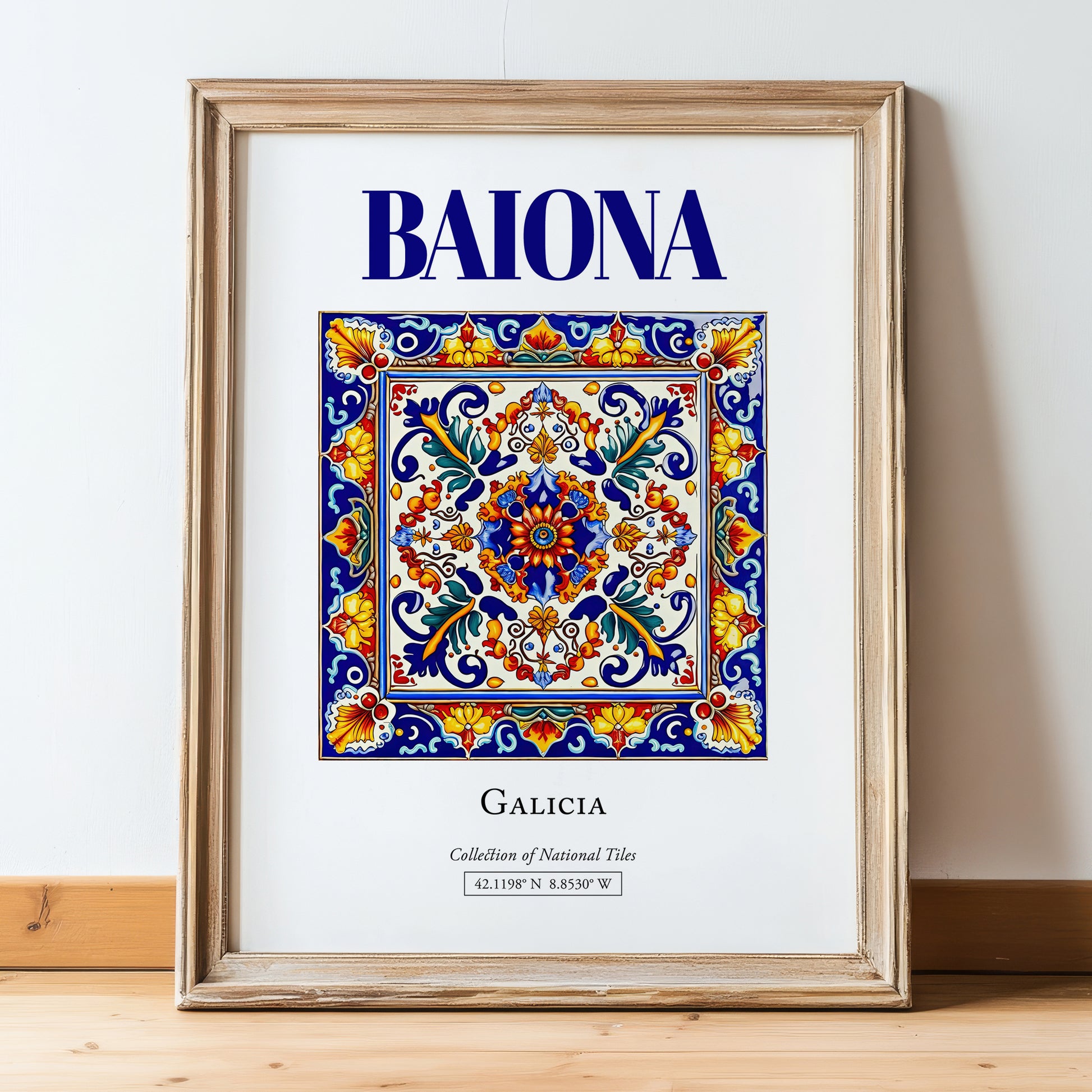 Baiona, Spain – Retro Travel Poster, in wooden frame leaning on the floor