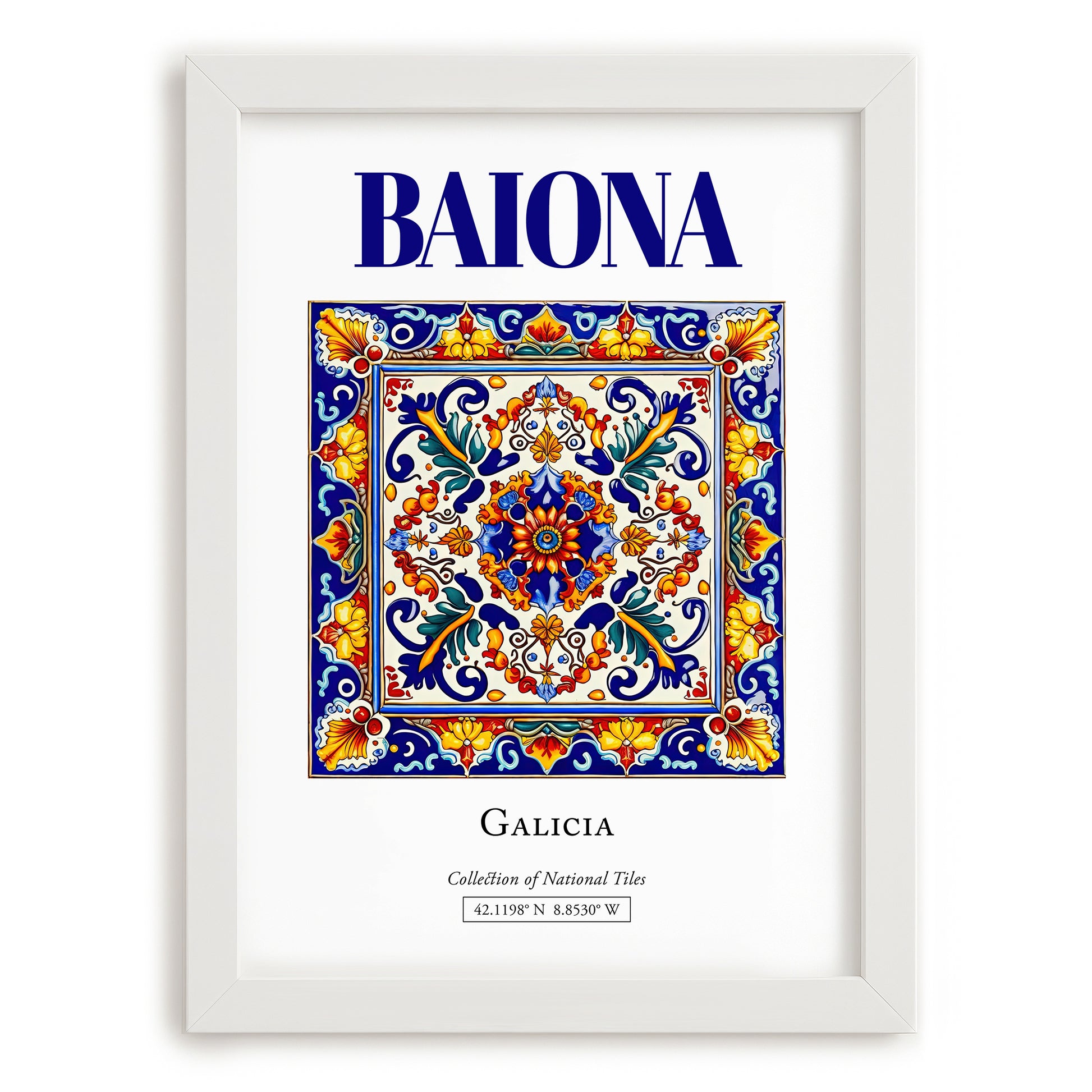 Baiona, Spain – Retro Travel Poster, placed in minimal white frame