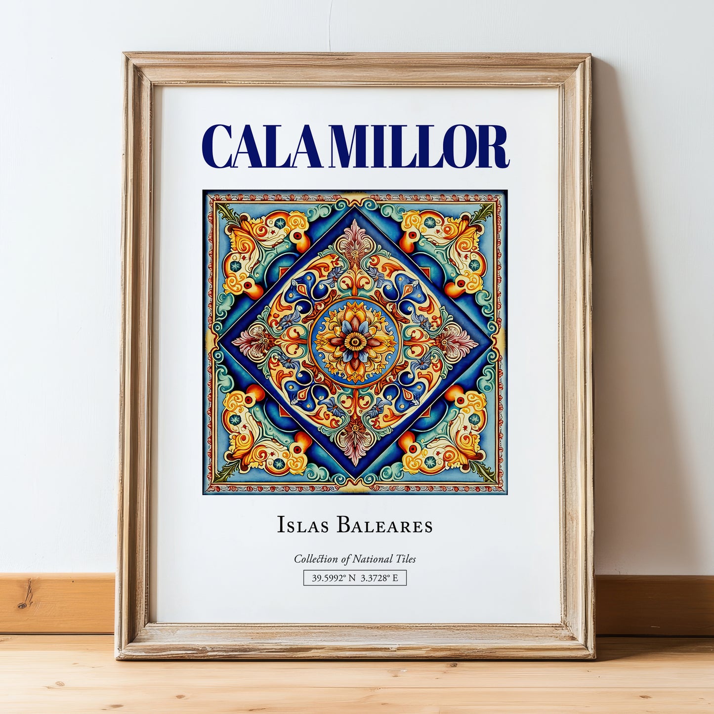 Cala Millor, Spain – Travel Wall Decor, in wooden frame leaning on the floor