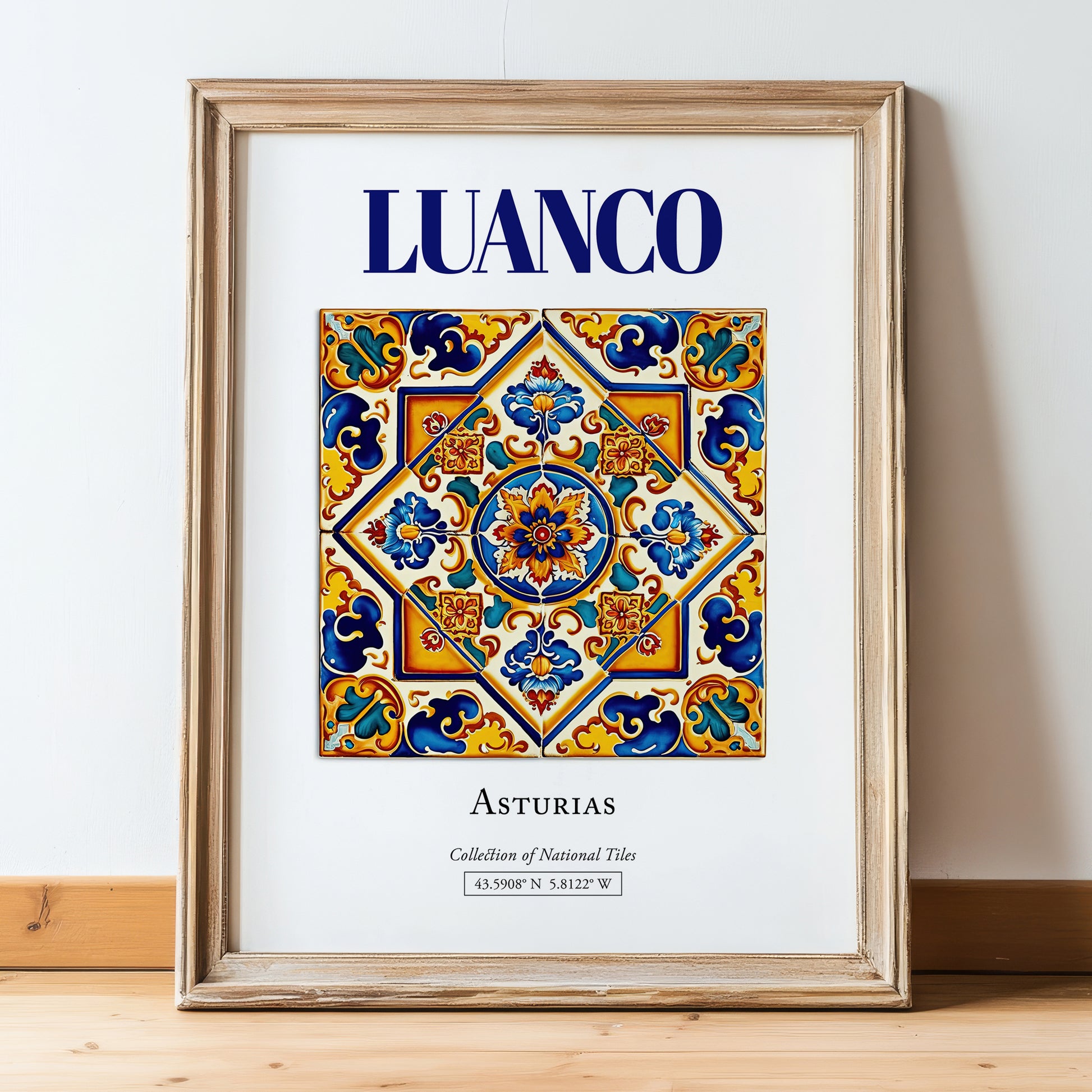 Luanco, Spain – Travel Poster, in wooden frame leaning on the floor