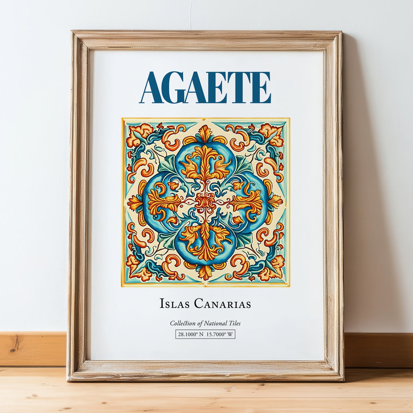 Agaete, Spain – Retro Travel Poster, in wooden frame leaning on the floor