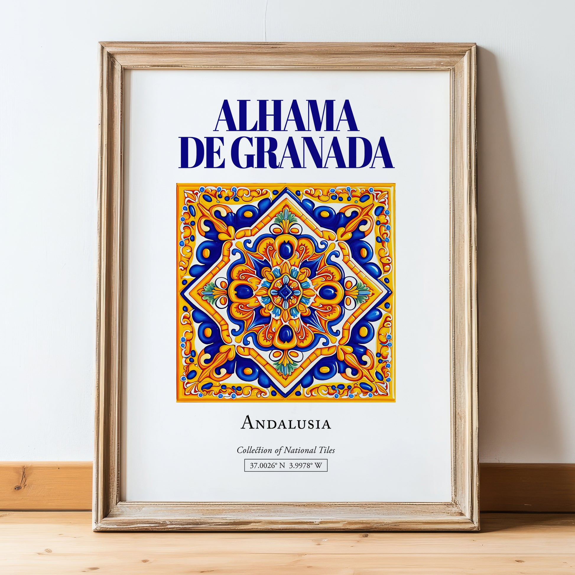 Alhama de Granada, Spain – Retro Travel Poster, in wooden frame leaning on the floor