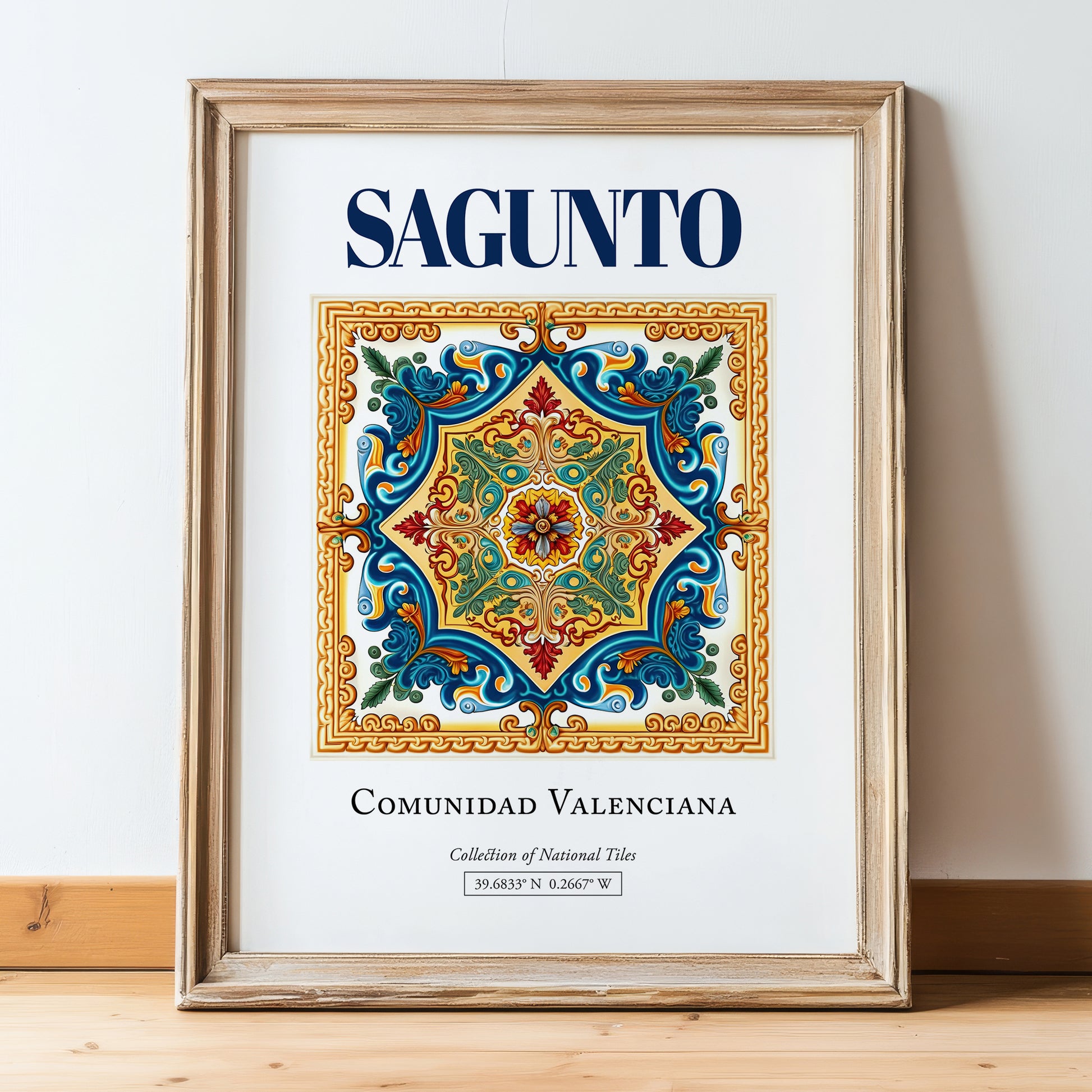 Sagunto, Spain – Travel Print, in wooden frame leaning on the floor