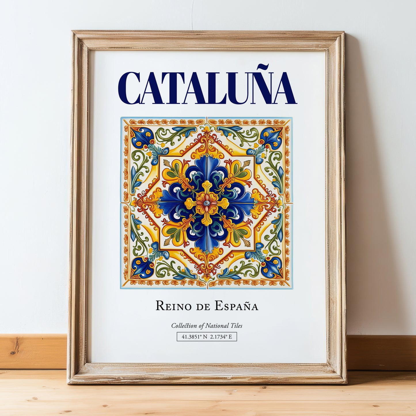 Cataluña, Spain – Travel Poster, in wooden frame leaning on the floor
