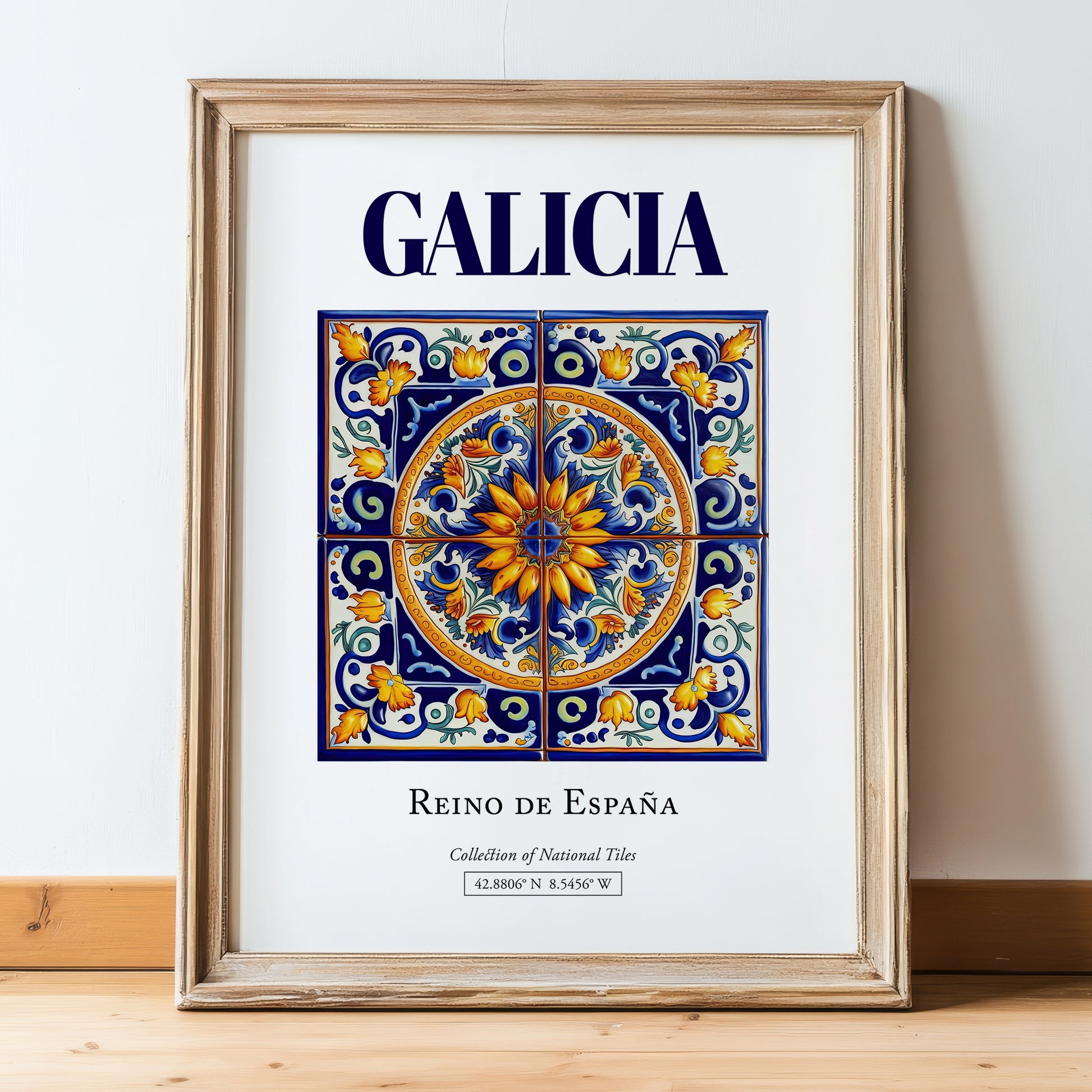 Galicia, Spain – Retro Travel Poster, in wooden frame leaning on the floor
