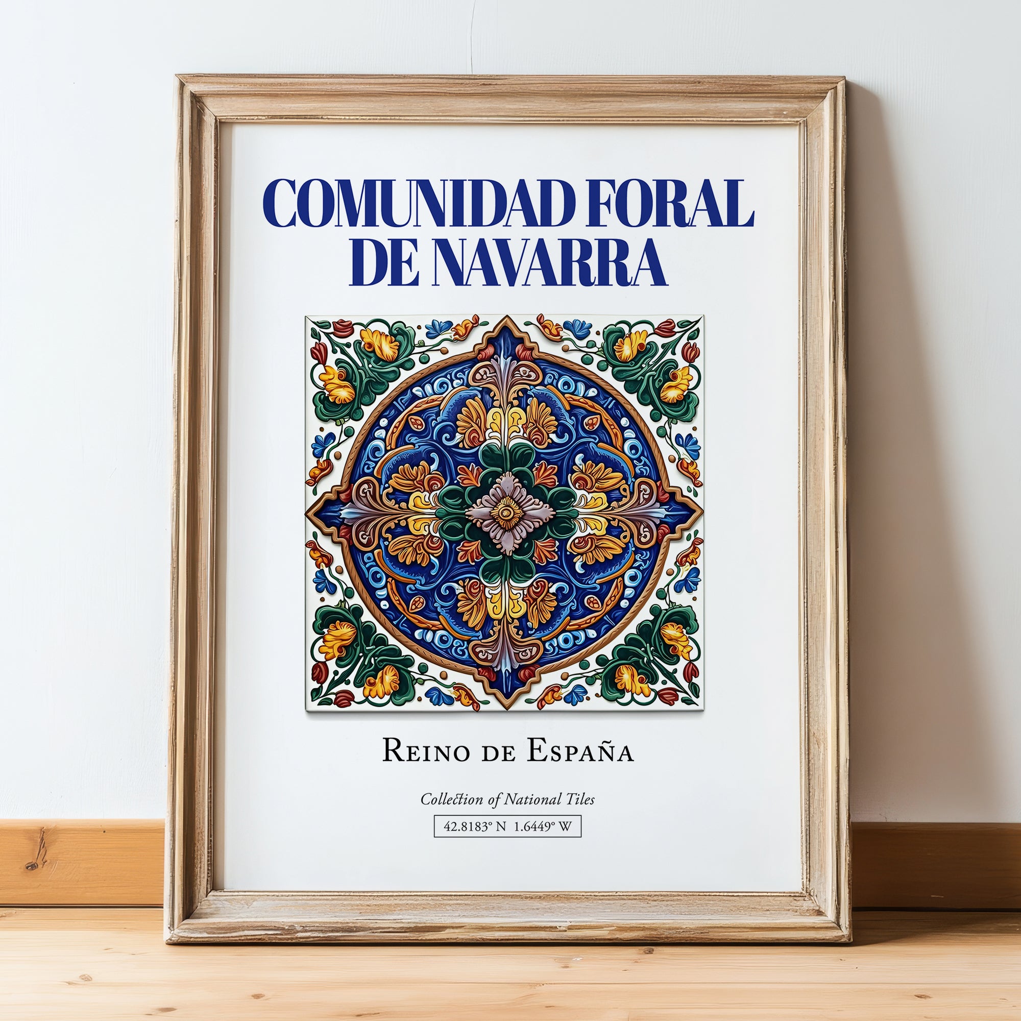 Comunidad Foral de Navarra, Spain – World Heritage Travel Poster, in wooden frame leaning on the floor