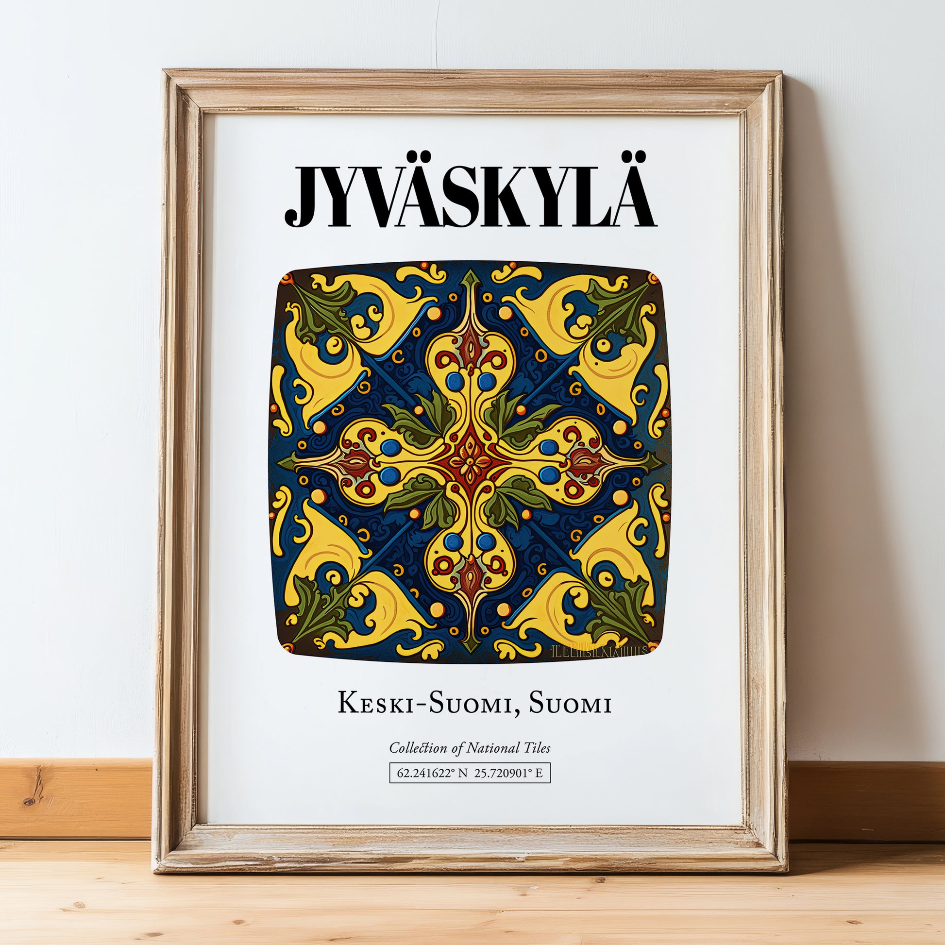 Jyväskylä, Finland – Illustrated Travel Poster, in wooden frame leaning on the floor