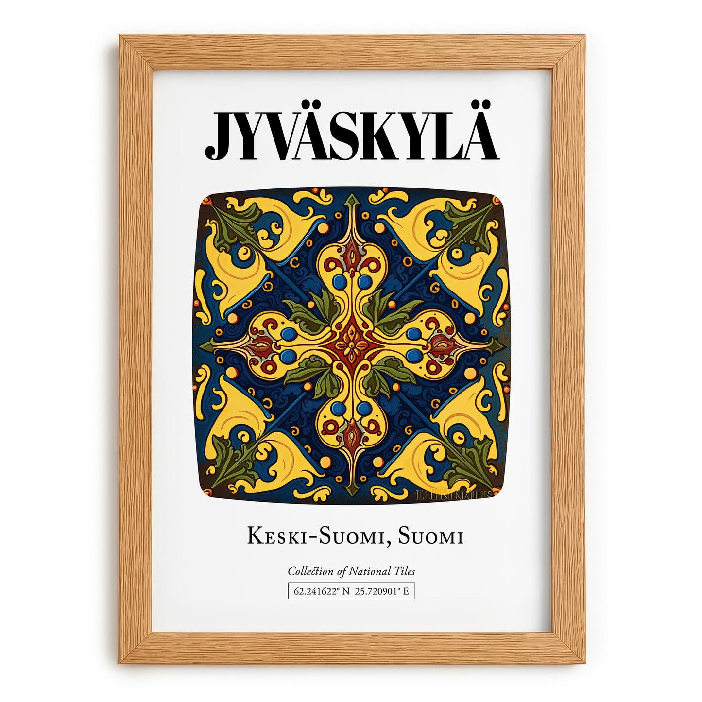 Jyväskylä, Finland – Illustrated Travel Poster, set in oak frame