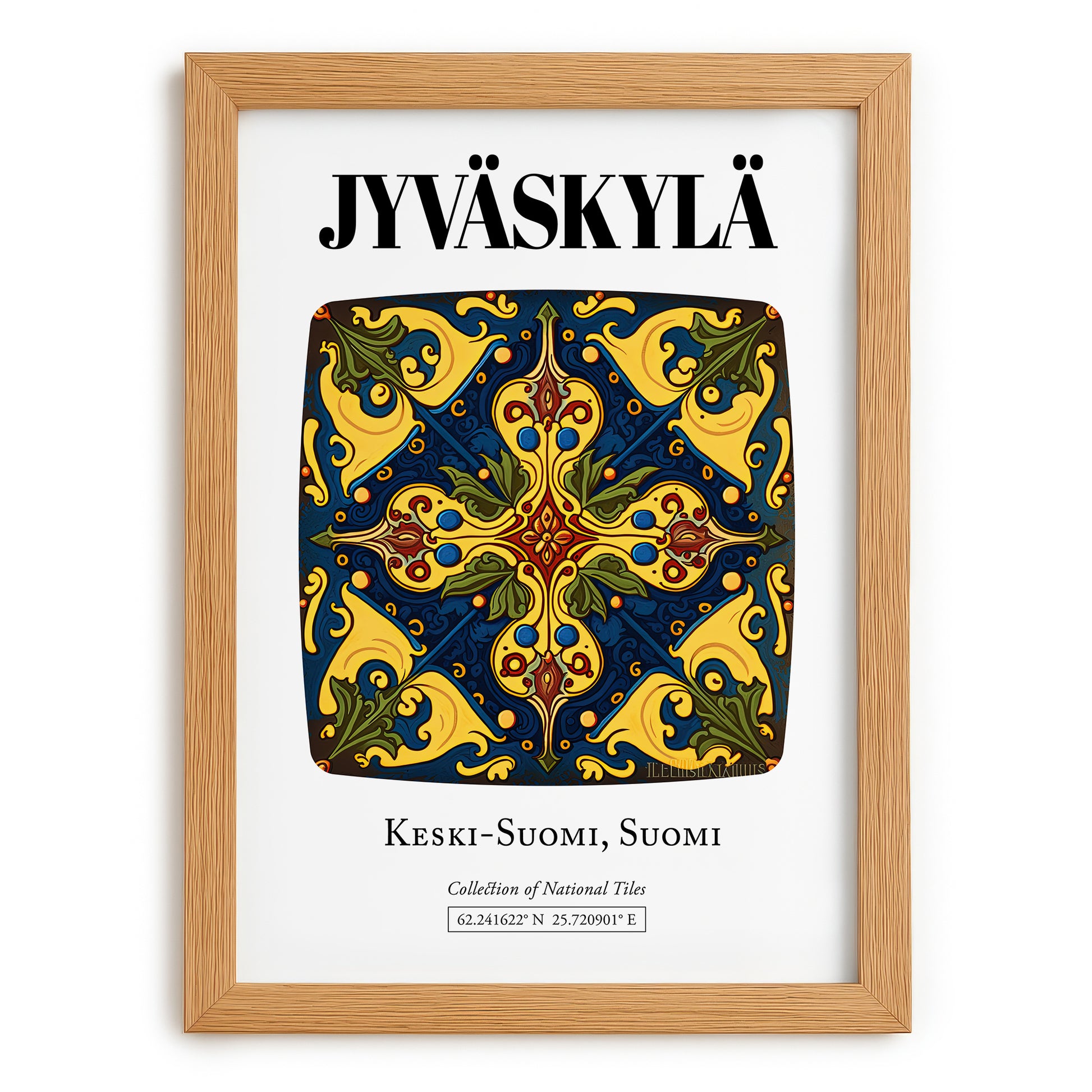 Jyväskylä, Finland – Illustrated Travel Poster, set in oak frame