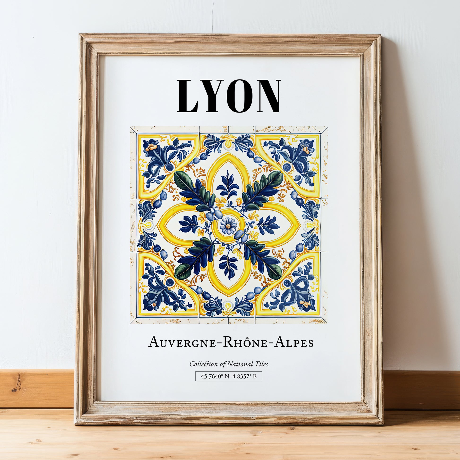 Lyon, France – Travel Wall Art, in wooden frame leaning on the floor