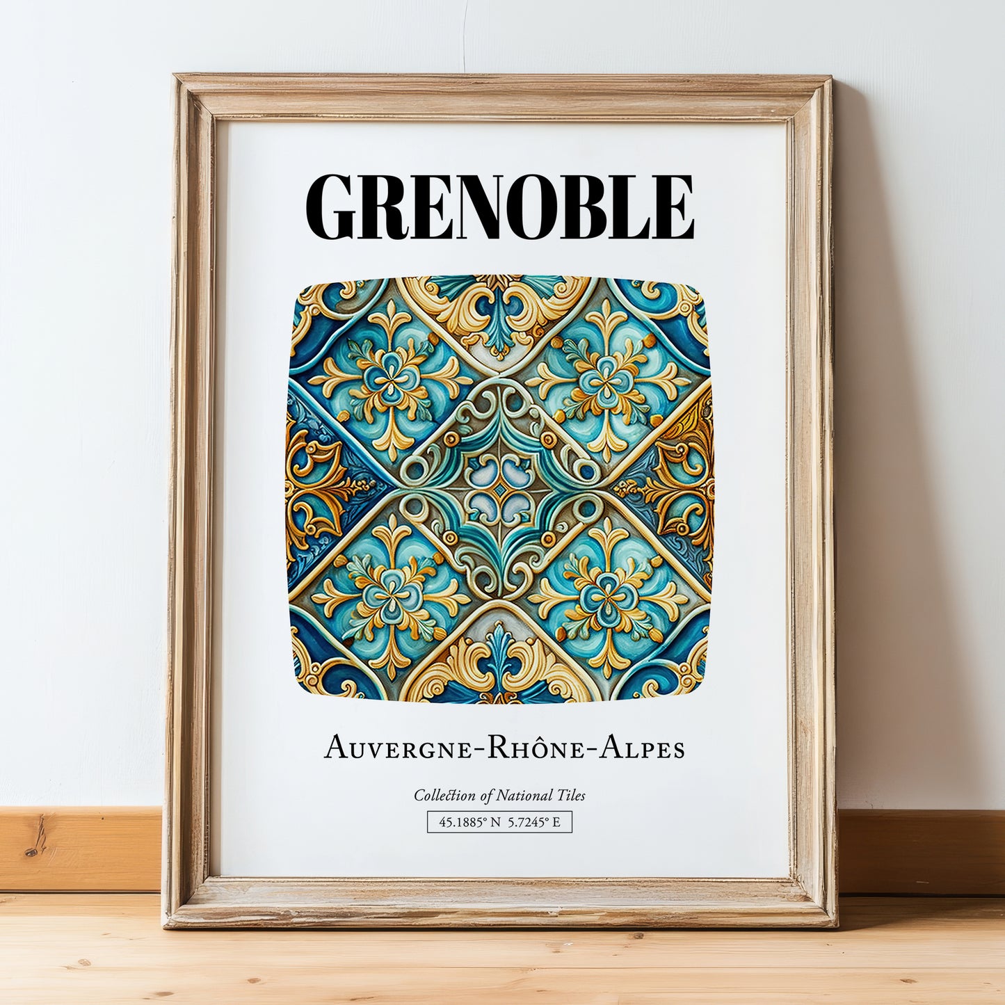 Grenoble, France – Travel Print, in wooden frame leaning on the floor