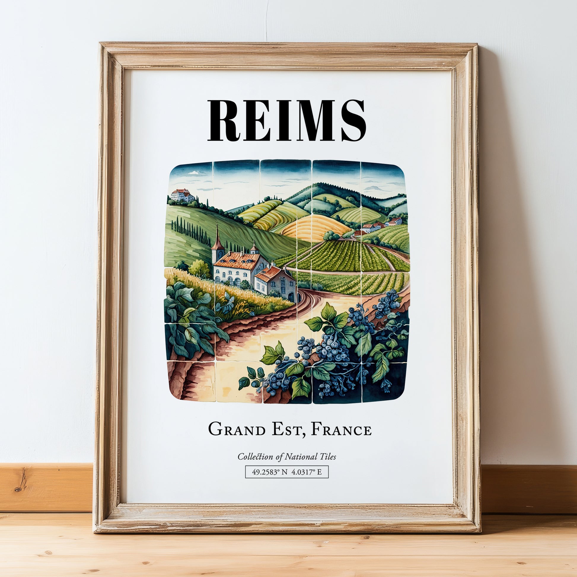 Reims, France – Historic Cities Art Print, in wooden frame leaning on the floor