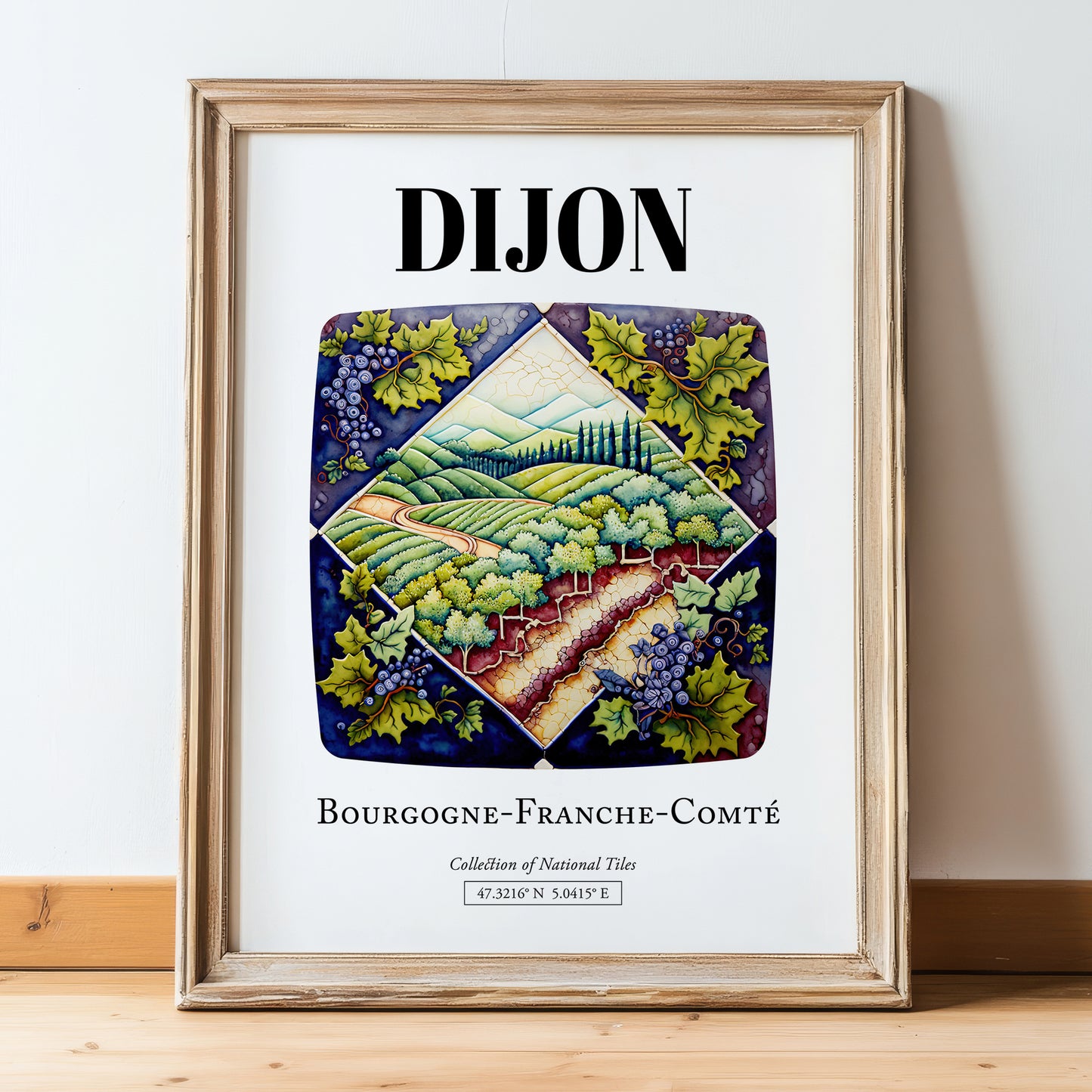 Dijon, France – Travel Poster, in wooden frame leaning on the floor
