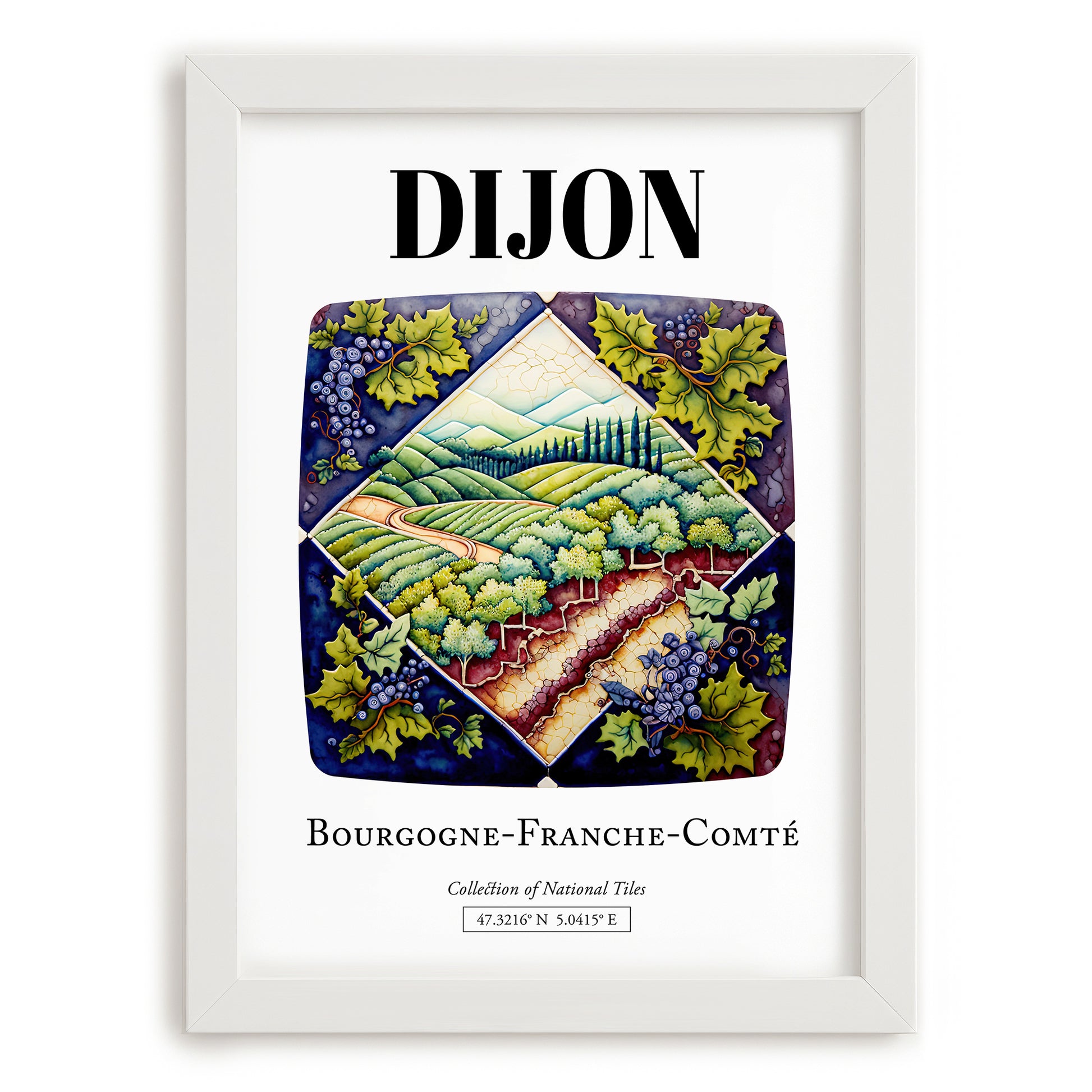 Dijon, France – Travel Poster, placed in minimal white frame