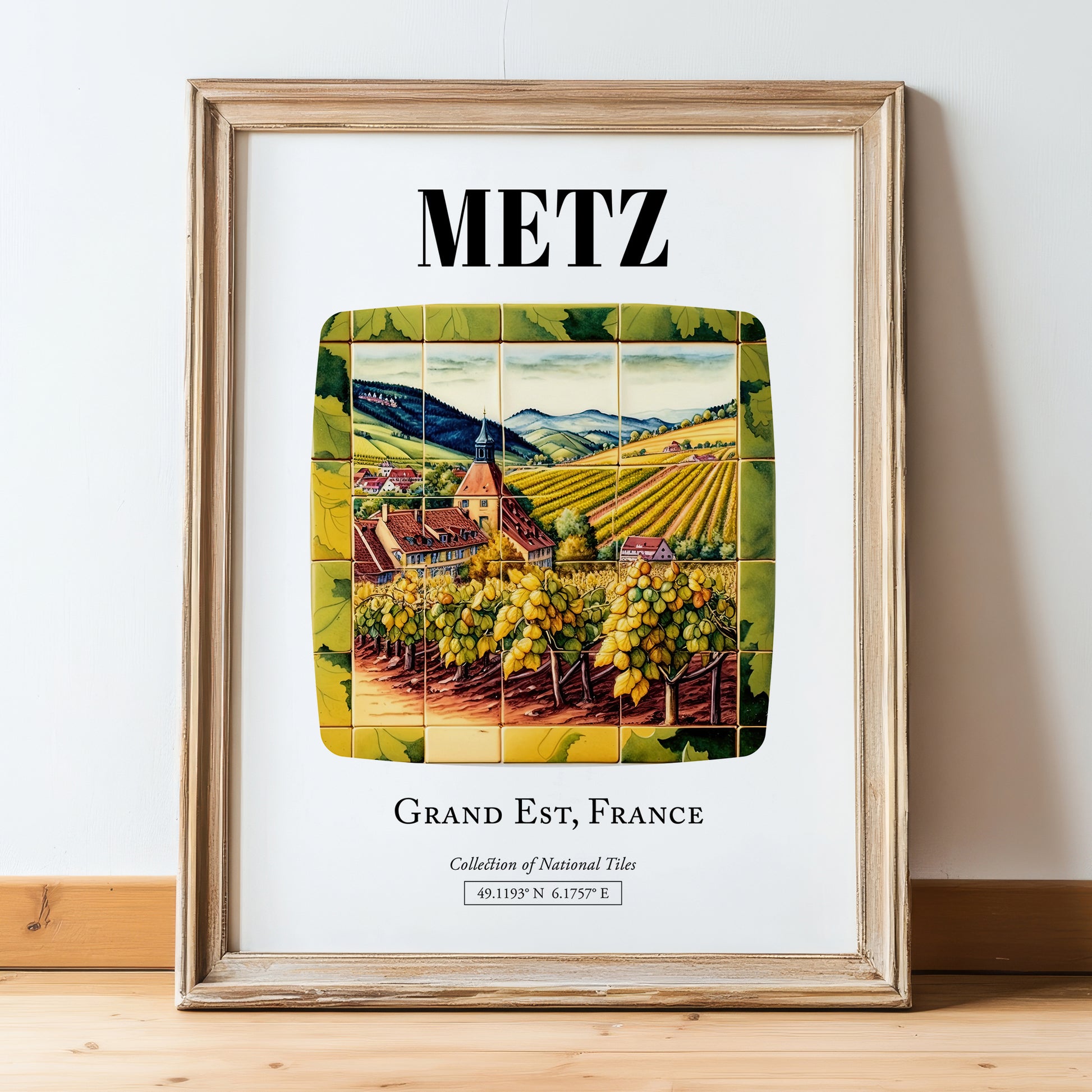 Metz, France – Travel Wall Art, in wooden frame leaning on the floor